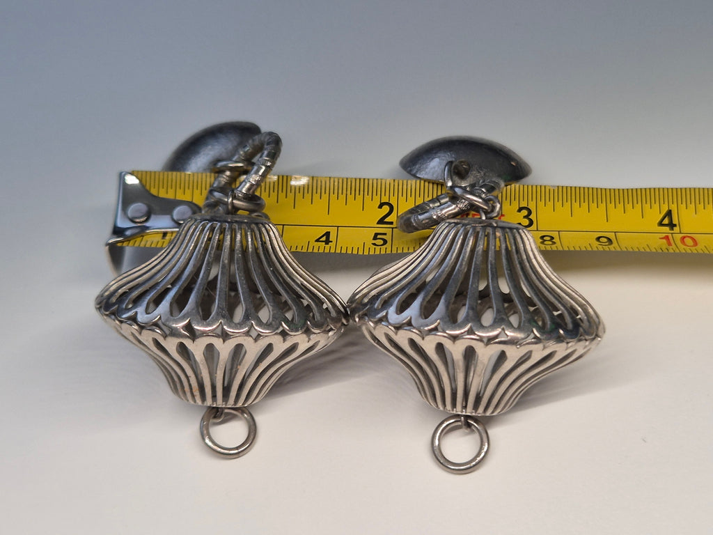Vintage Clip-On Earrings – Silver Tone, Dome Dangle, 8cm, Very Good