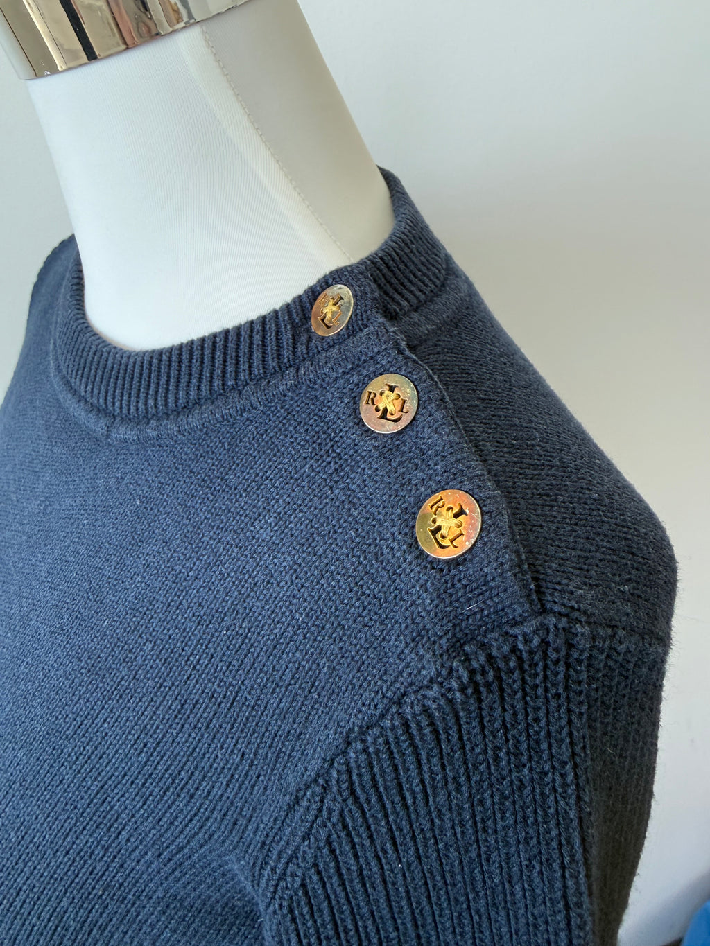 Lauren Ralph Lauren Women’s Navy Knit Sweater, Small, Gold Button, Good Condition