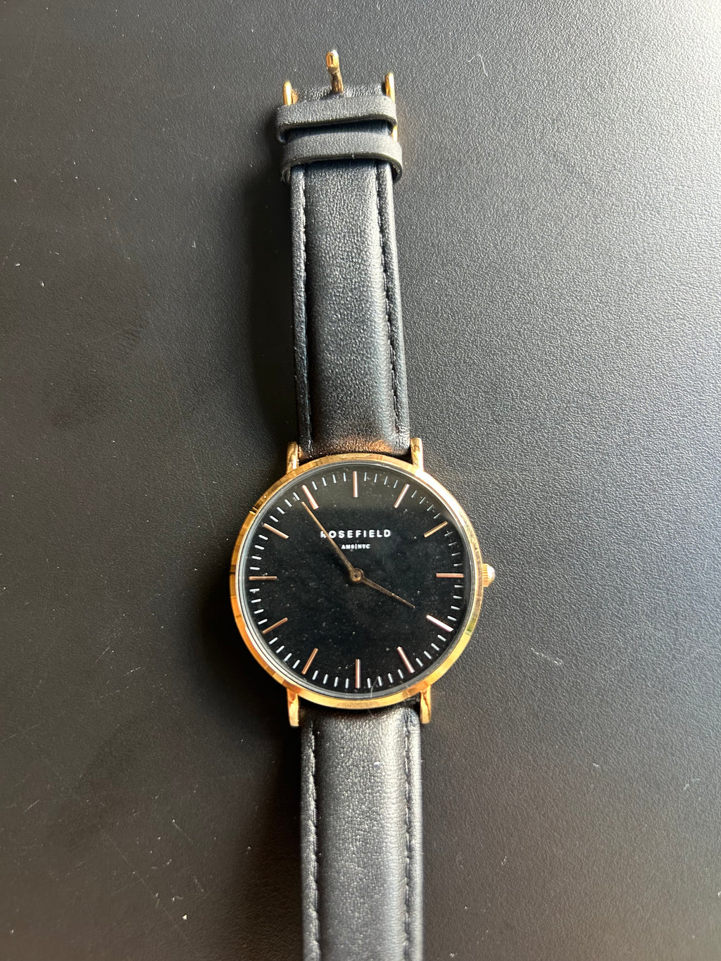 Rosefield The Bowery Damen Uhr | 38mm | Schwarz/Gold | Leder | Sehr guter Zustand