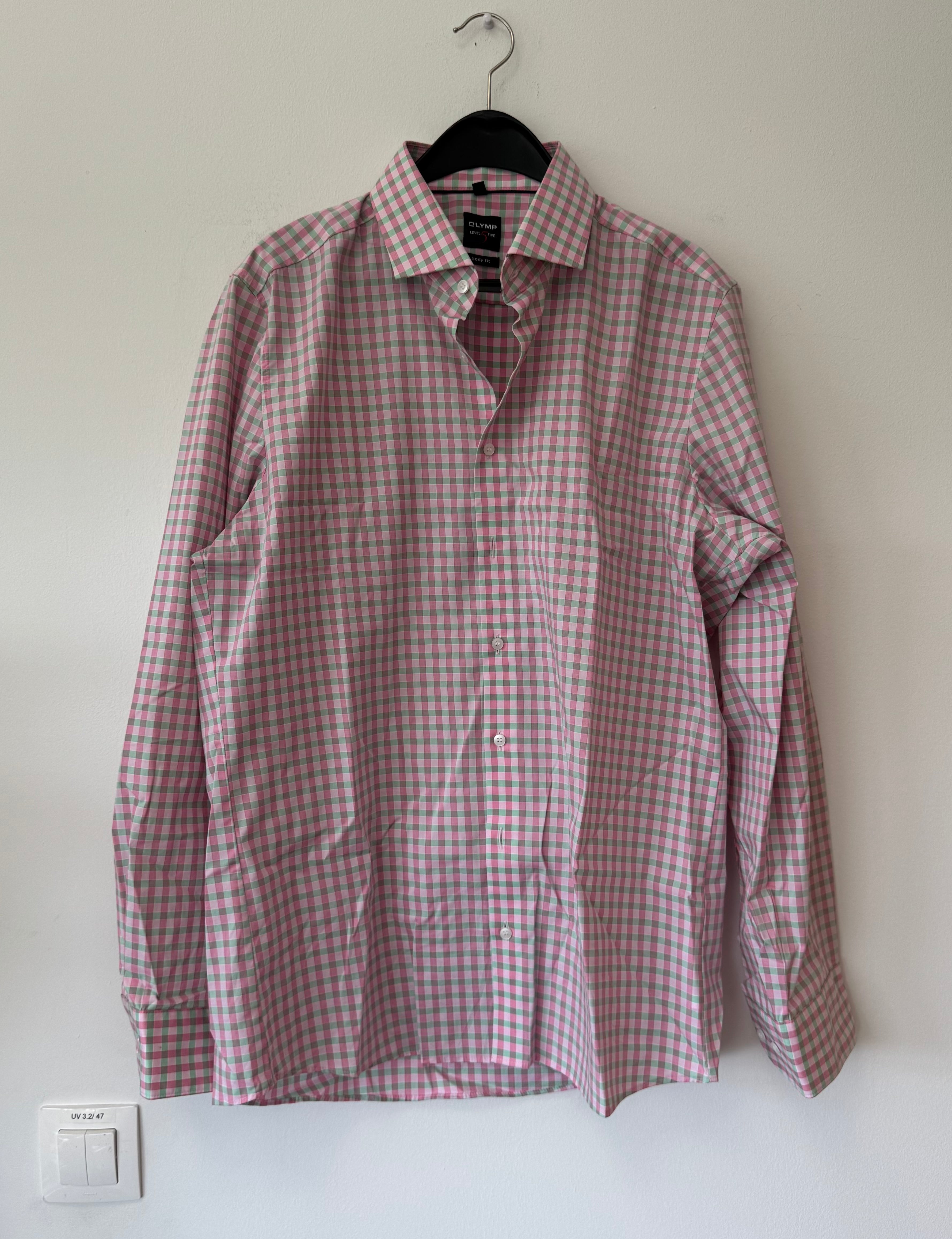 OLYMP Level Five Hemd Body Fit Gr. 42 pink/grün kariert Sehr Gut