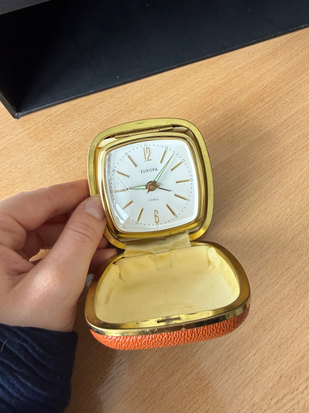 Vintage EUROPA Mechanical Travel Alarm Clock, 2 Jewels, Leather Case, Good