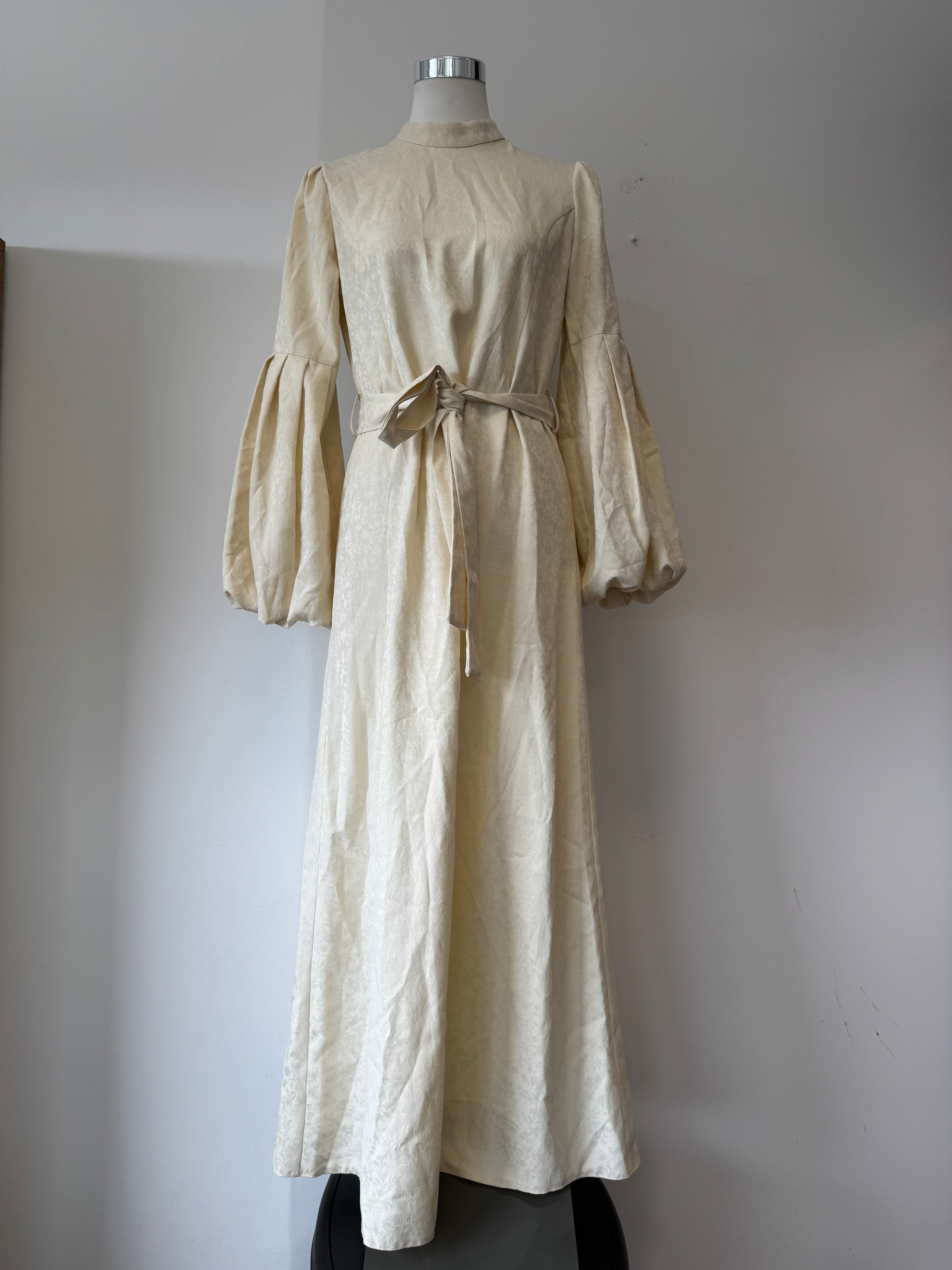 TUGBA Elegant Maxi Dress, Size 40/M, Off-White, Balloon Sleeves, Belt, VG