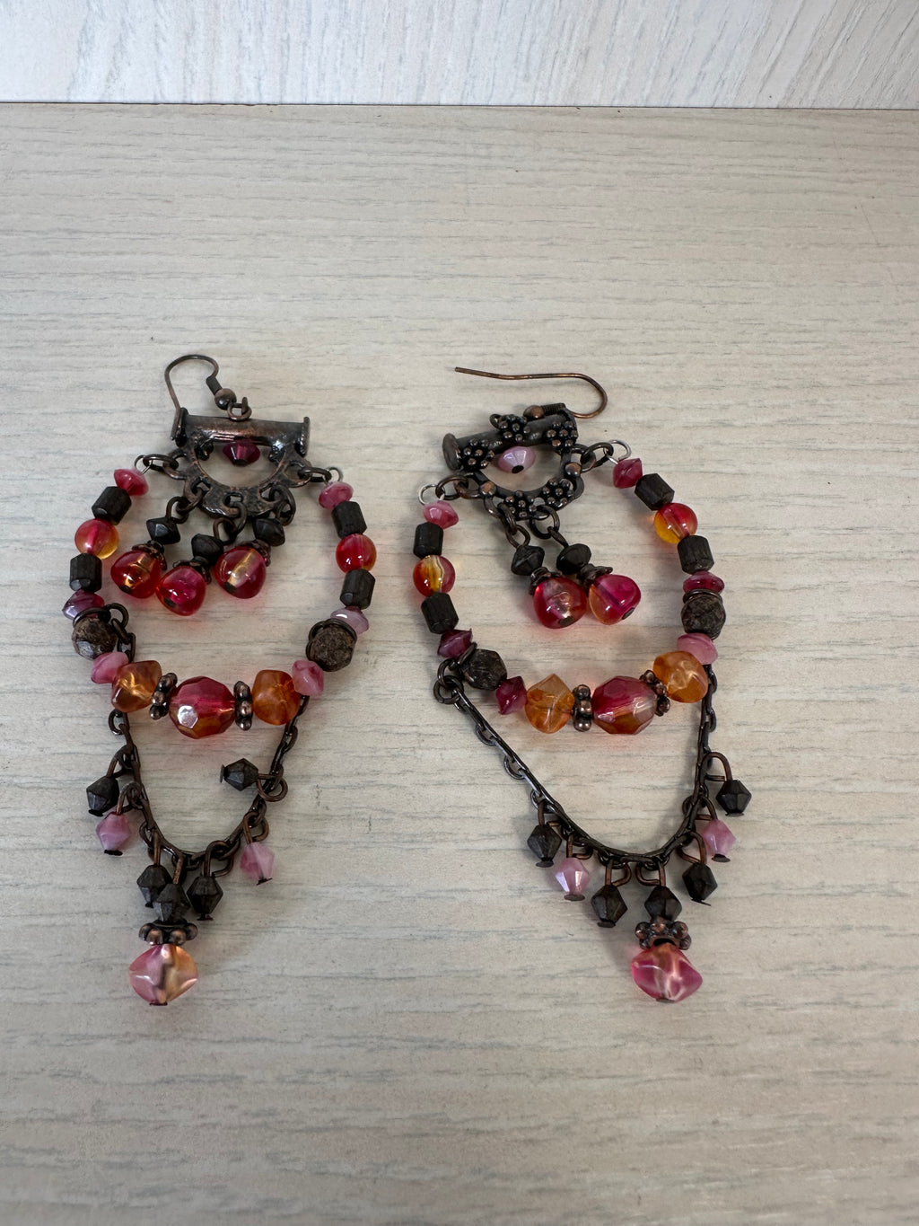 Boho Chandelier Earrings, Bronze, Ruby Red & Orange Glass Beads, 5cm, Good