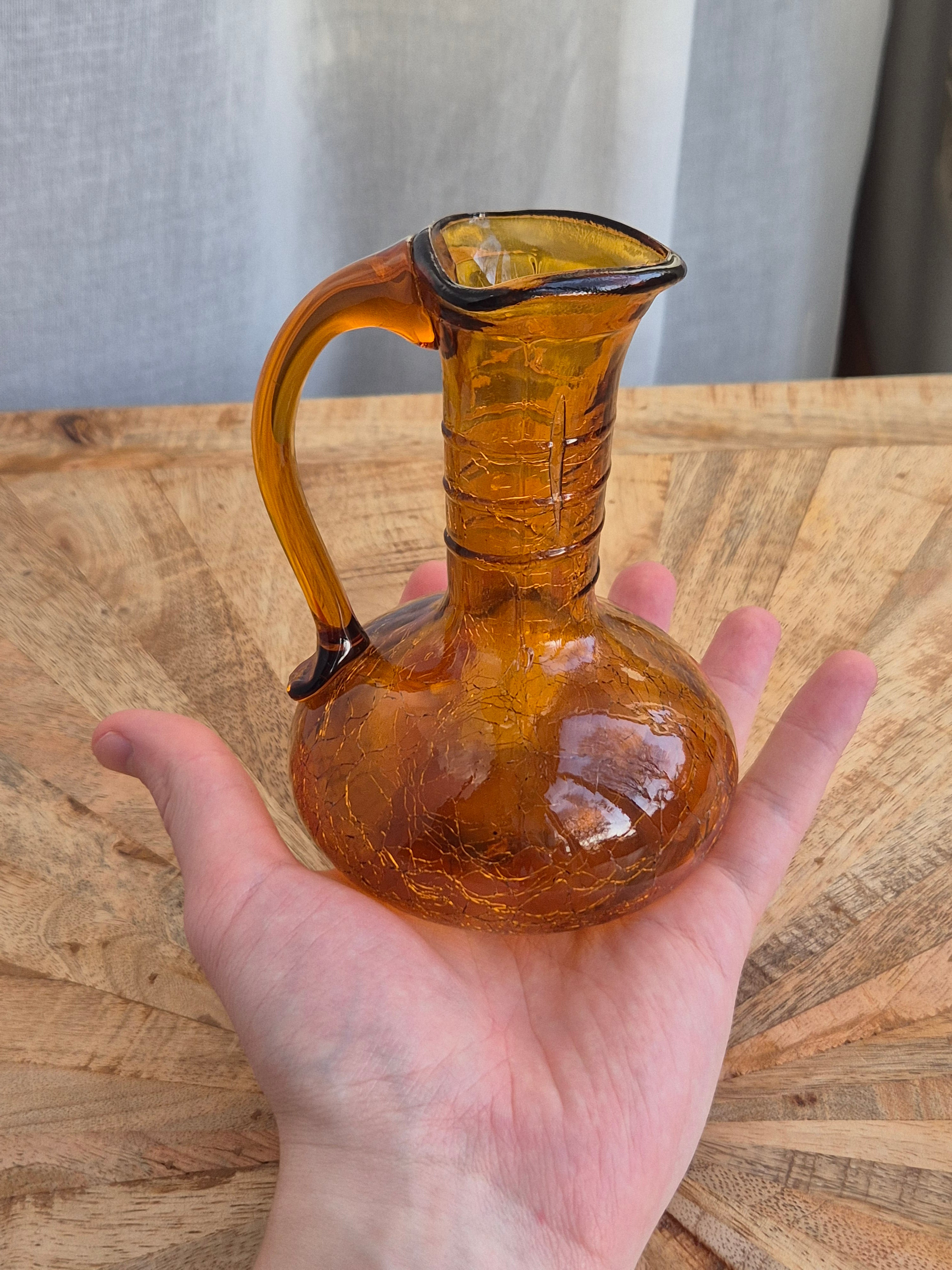 Blenko Vintage Amber Crackle Glass Mini Pitcher 13cm | Very Good