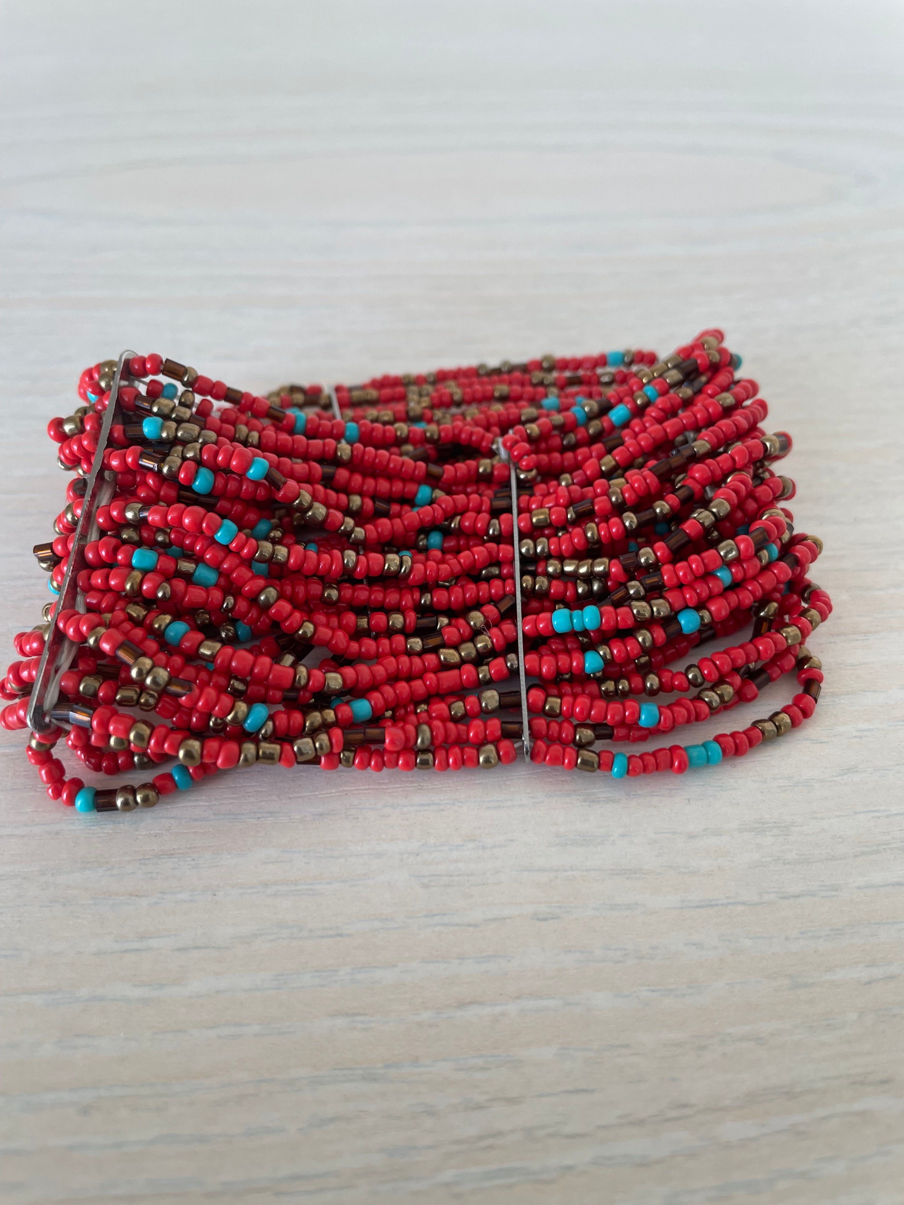 Handmade Otavalo Beaded Cuff Bracelet, Red Coral/Glass, Adjustable, Very Good