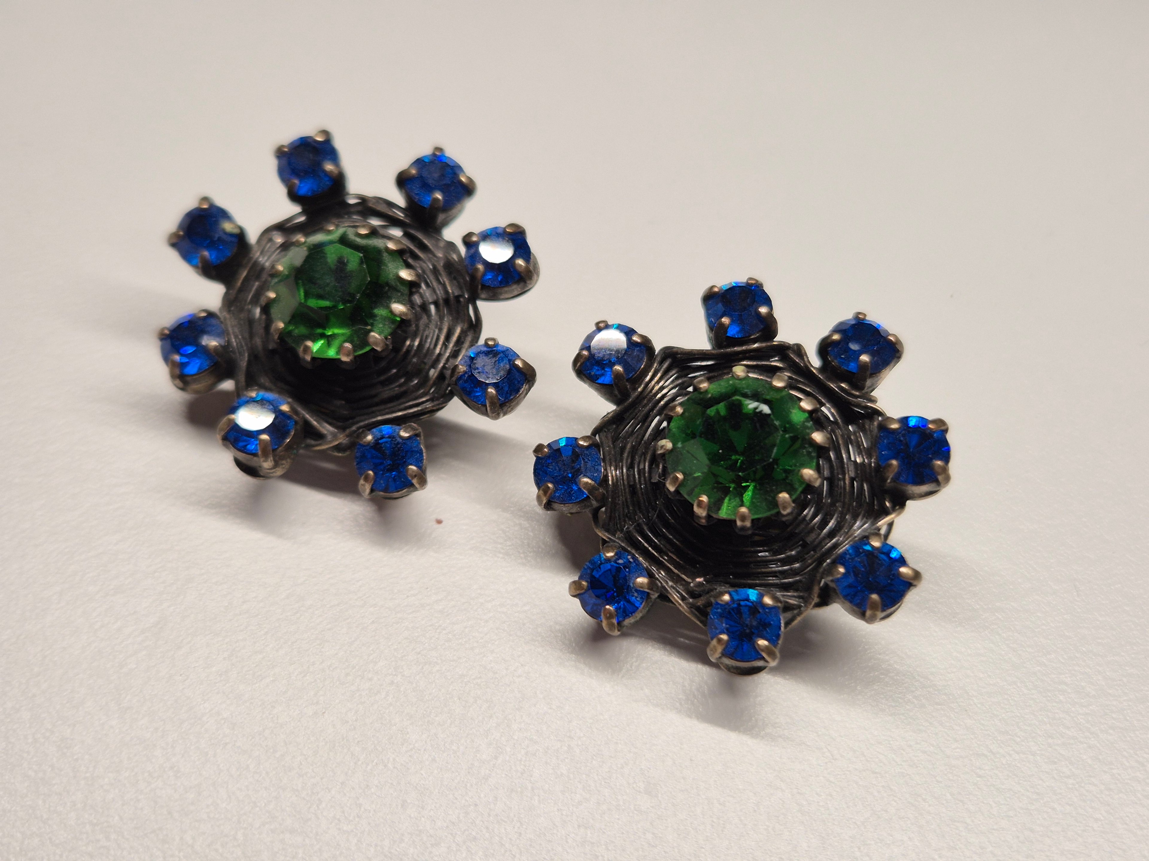 Sparkling Blue-Green Konplott Vintage Clip Earrings, 3cm, Very Good Condition