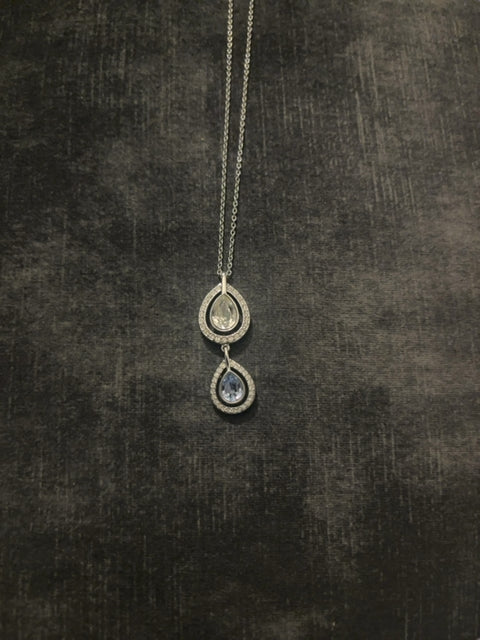 Swarovski Double Teardrop Necklace | Silver Tone, Purple & Aqua Crystals | Very Good