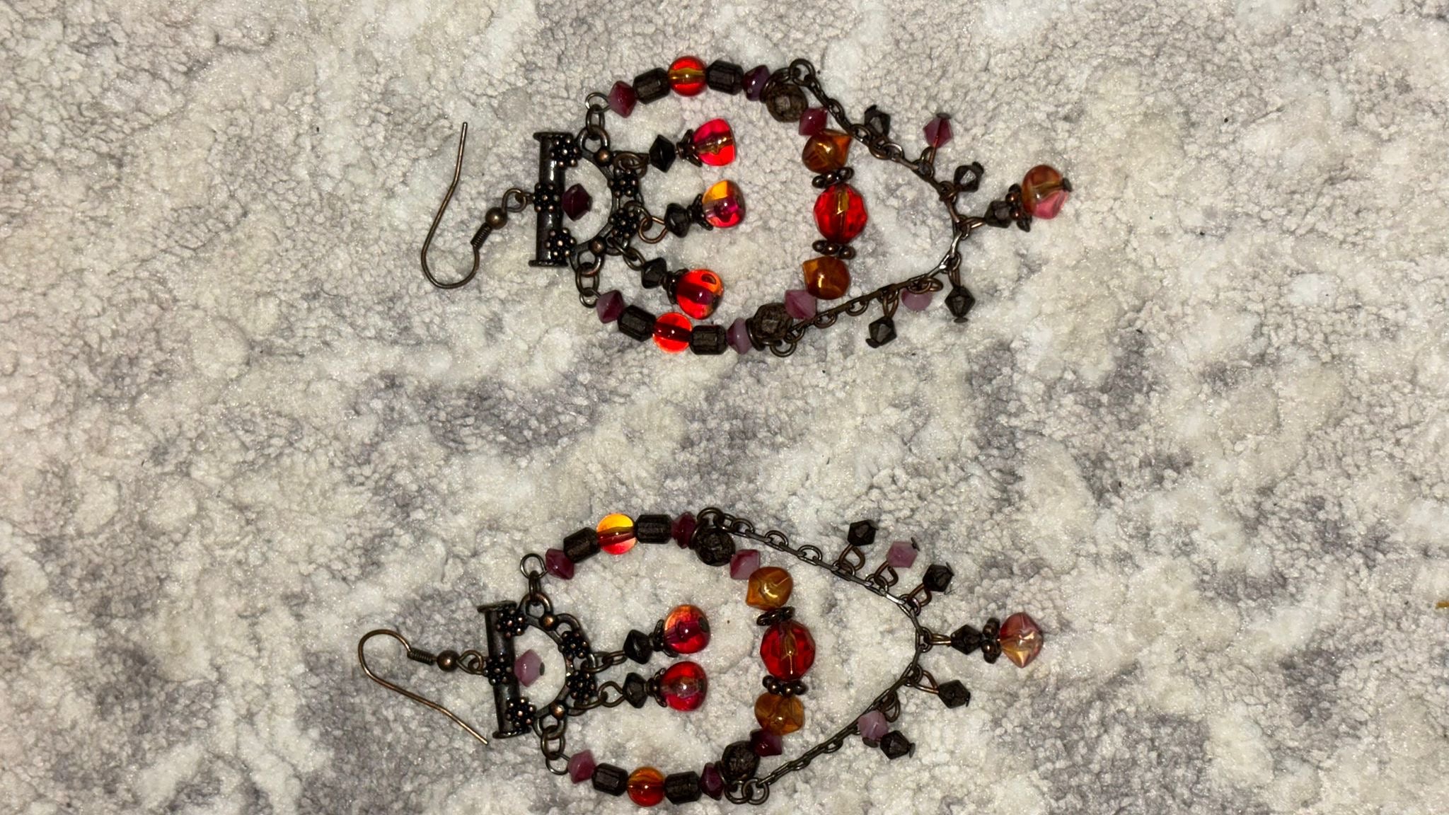 Boho Chandelier Earrings, Bronze, Ruby Red & Orange Glass Beads, 5cm, Good