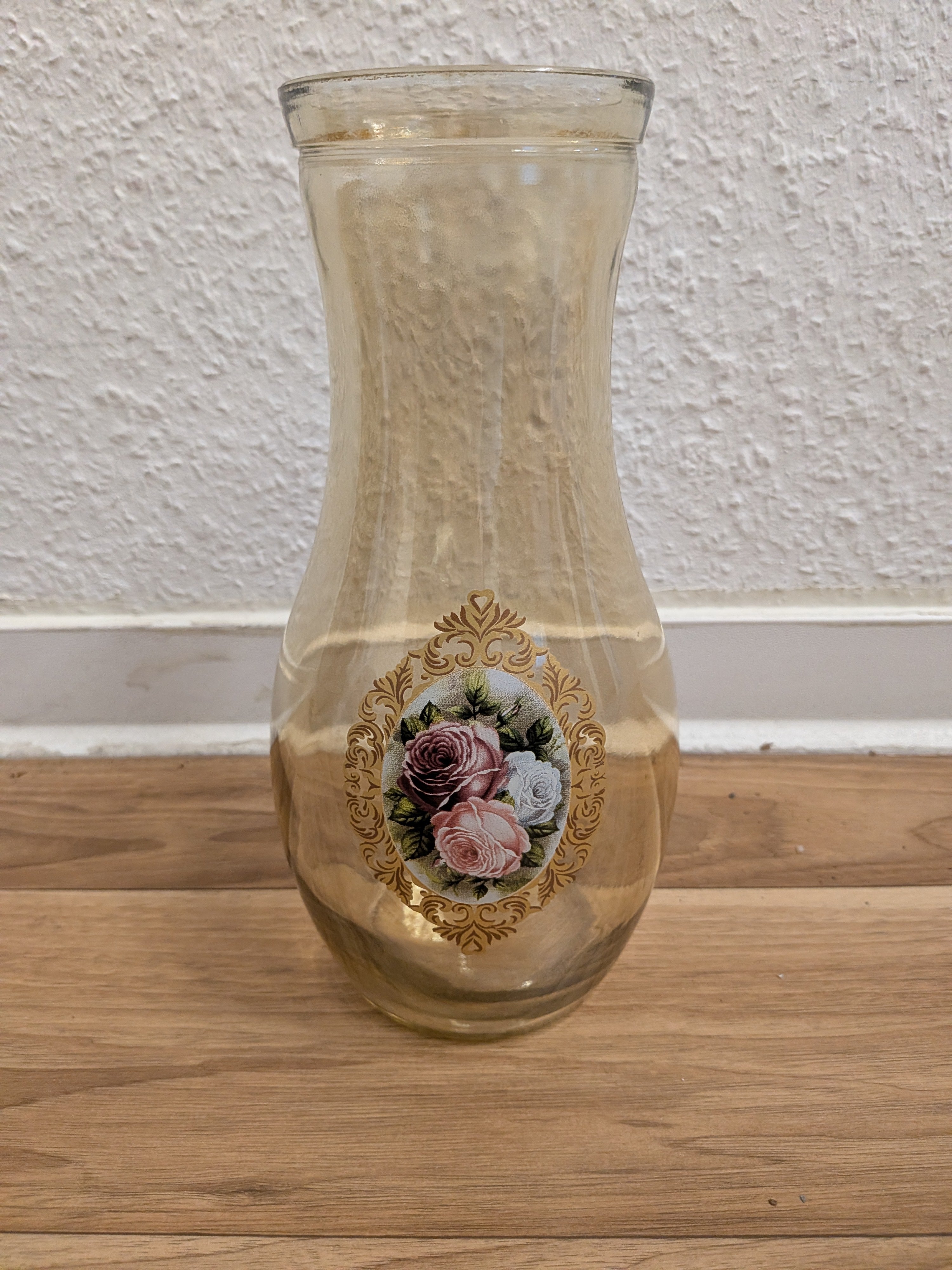 Vintage Glas-Dekanter mit Metalldeckel & Rosendekor, ca. 25 cm, sehr gut