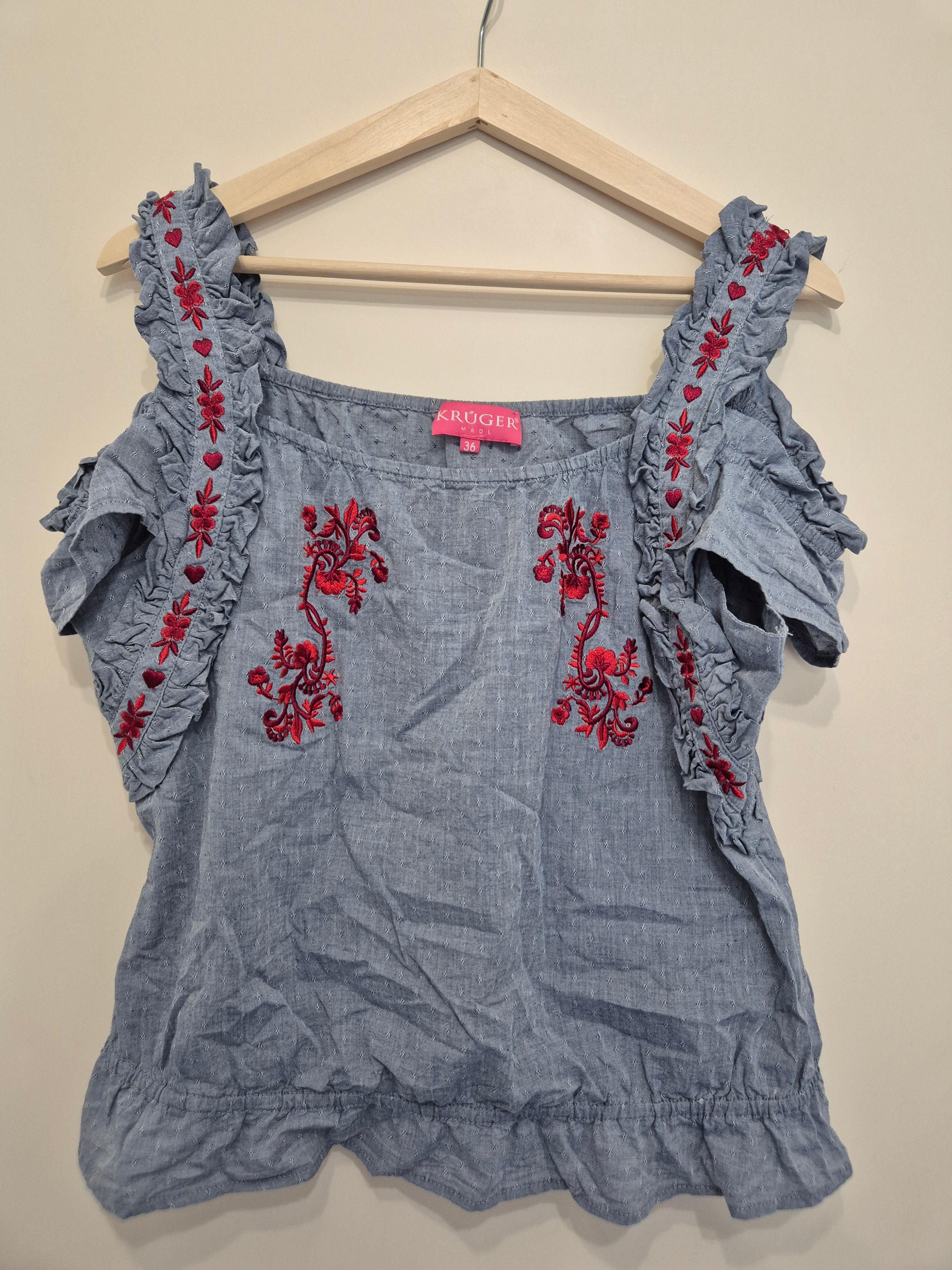 Krüger Madl Embroidered Blouse Blue/Red, EU 36, Good Condition