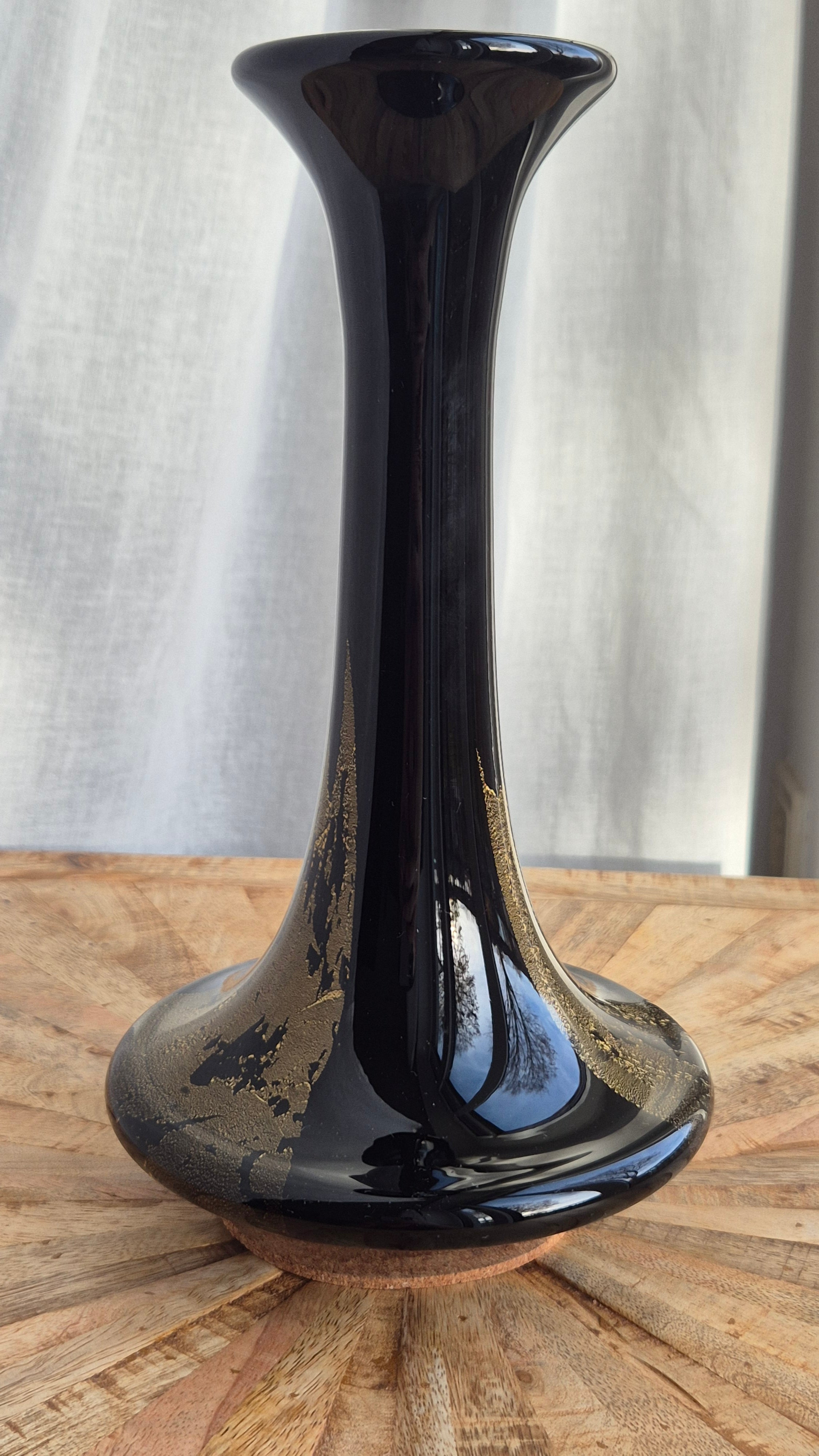 Theresienthal Black Glass Vase with Gold Leaf, 30cm, Like New