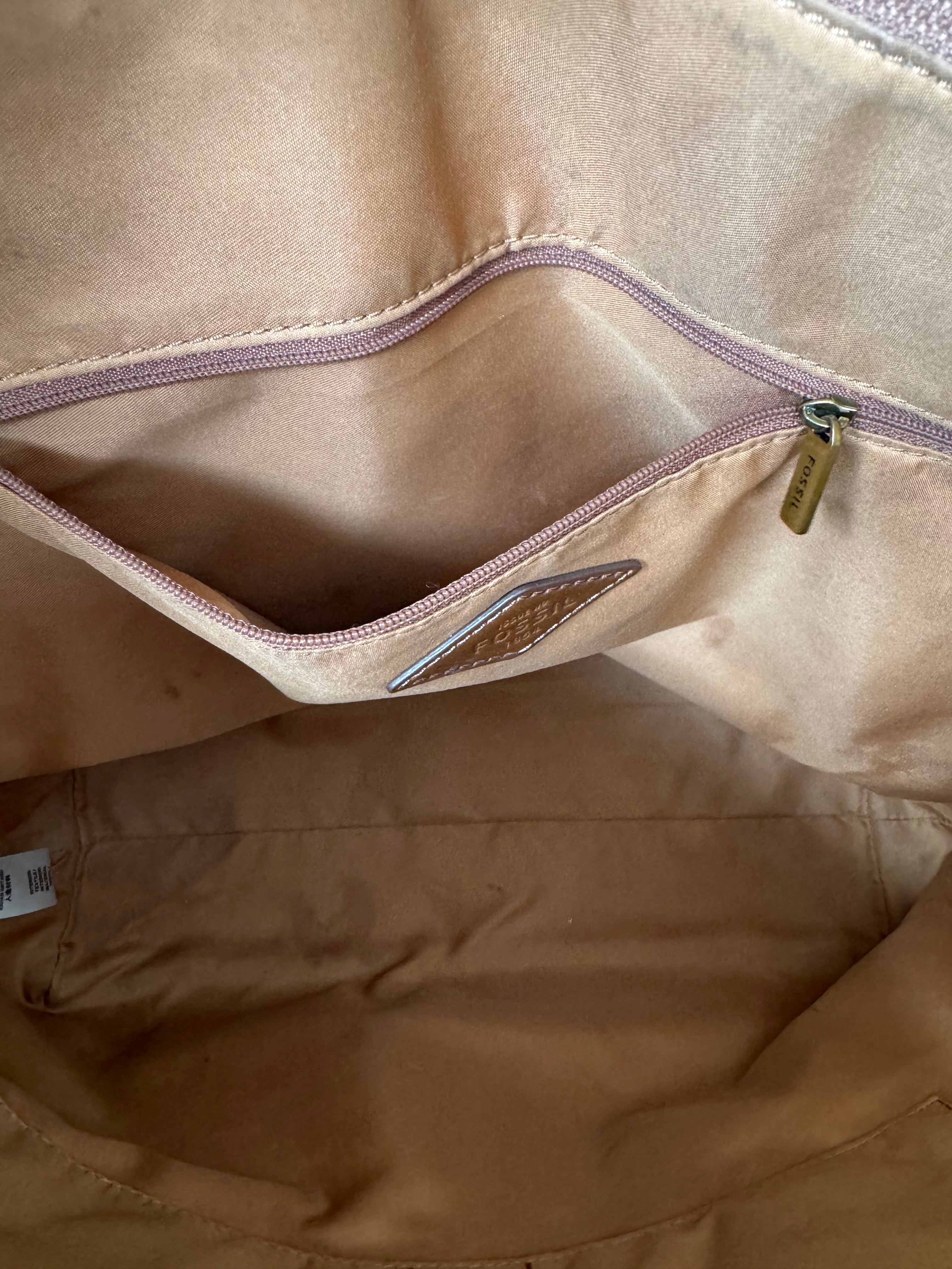 Fossil Jacqueline Tote Heritage Monogram Beige Canvas Mittel, guter Zustand
