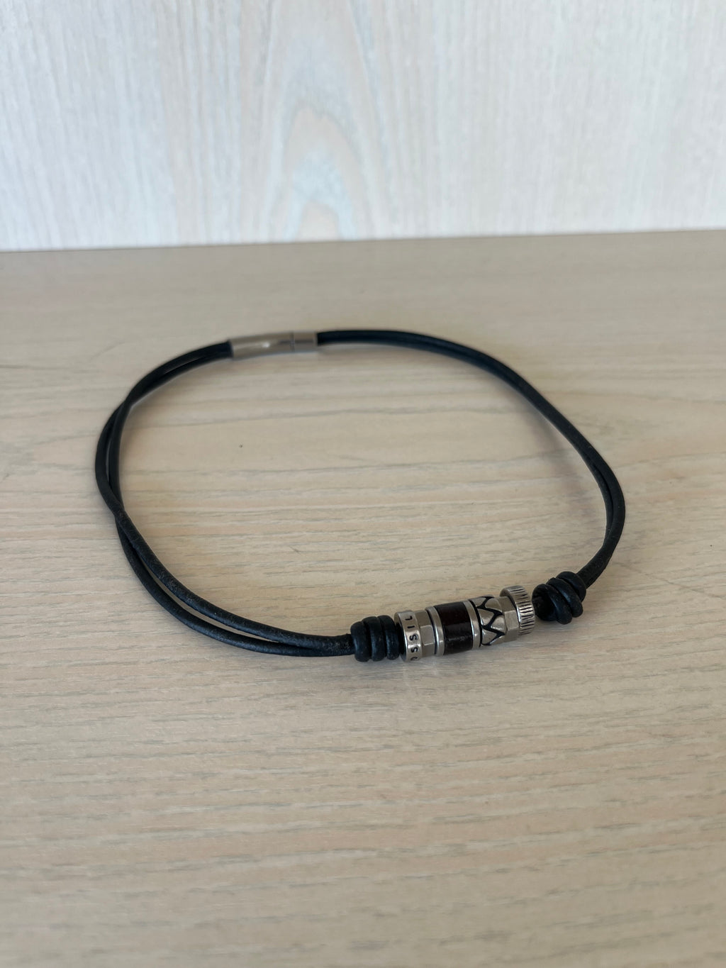 FOSSIL Herren Leder & Edelstahl Armband Set | Schwarz/Silber | Guter Zustand