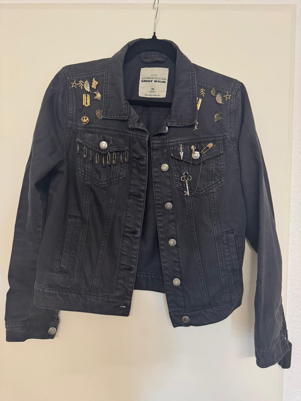 Tally Weijl Denim Jacket – Black, Size 36, Metal Pins, Very Good Condition