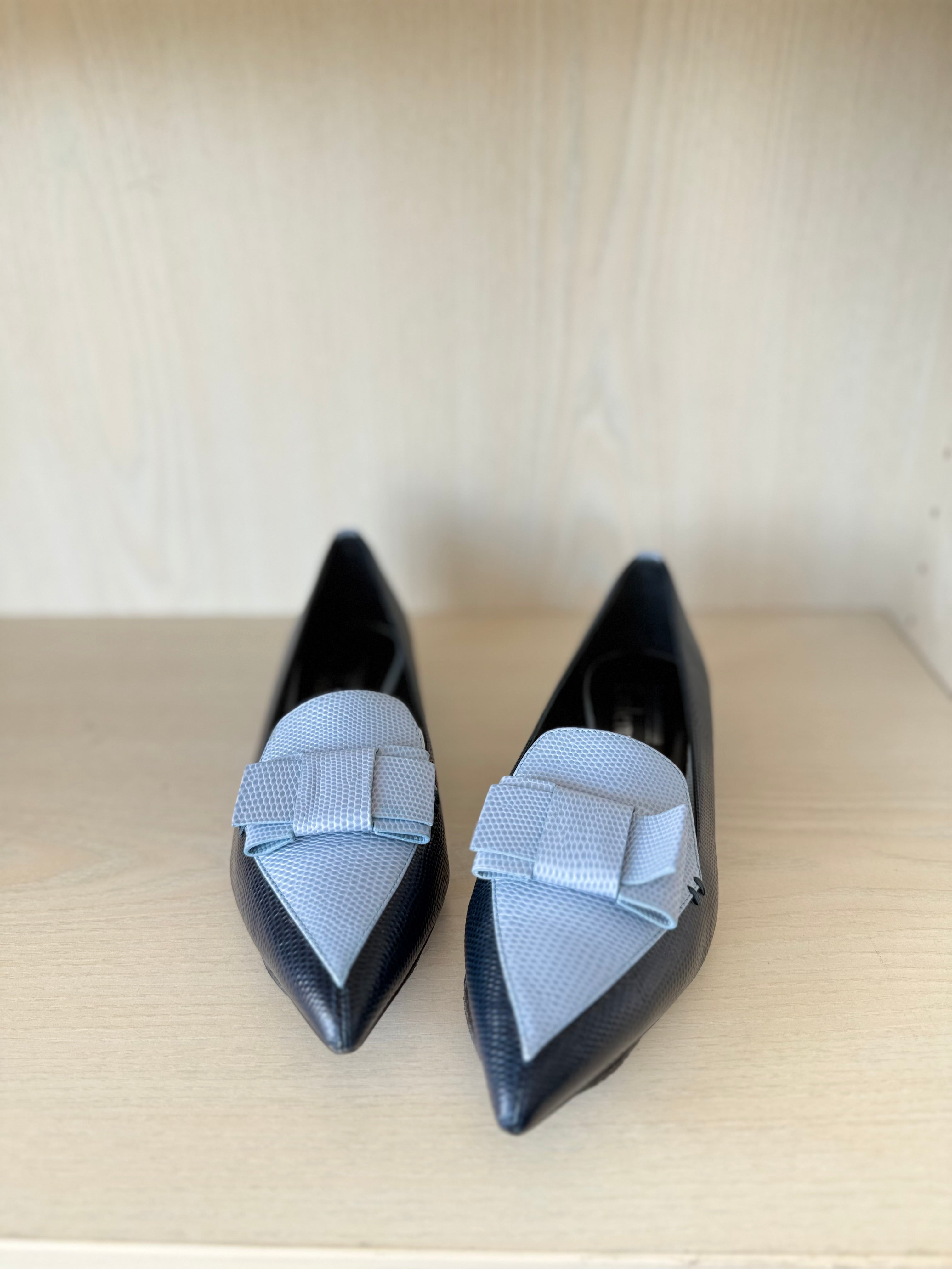 Erdem x Nicholas Kirkwood Bow Loafers | Blue | EU 37.5 | Leather | Very Good