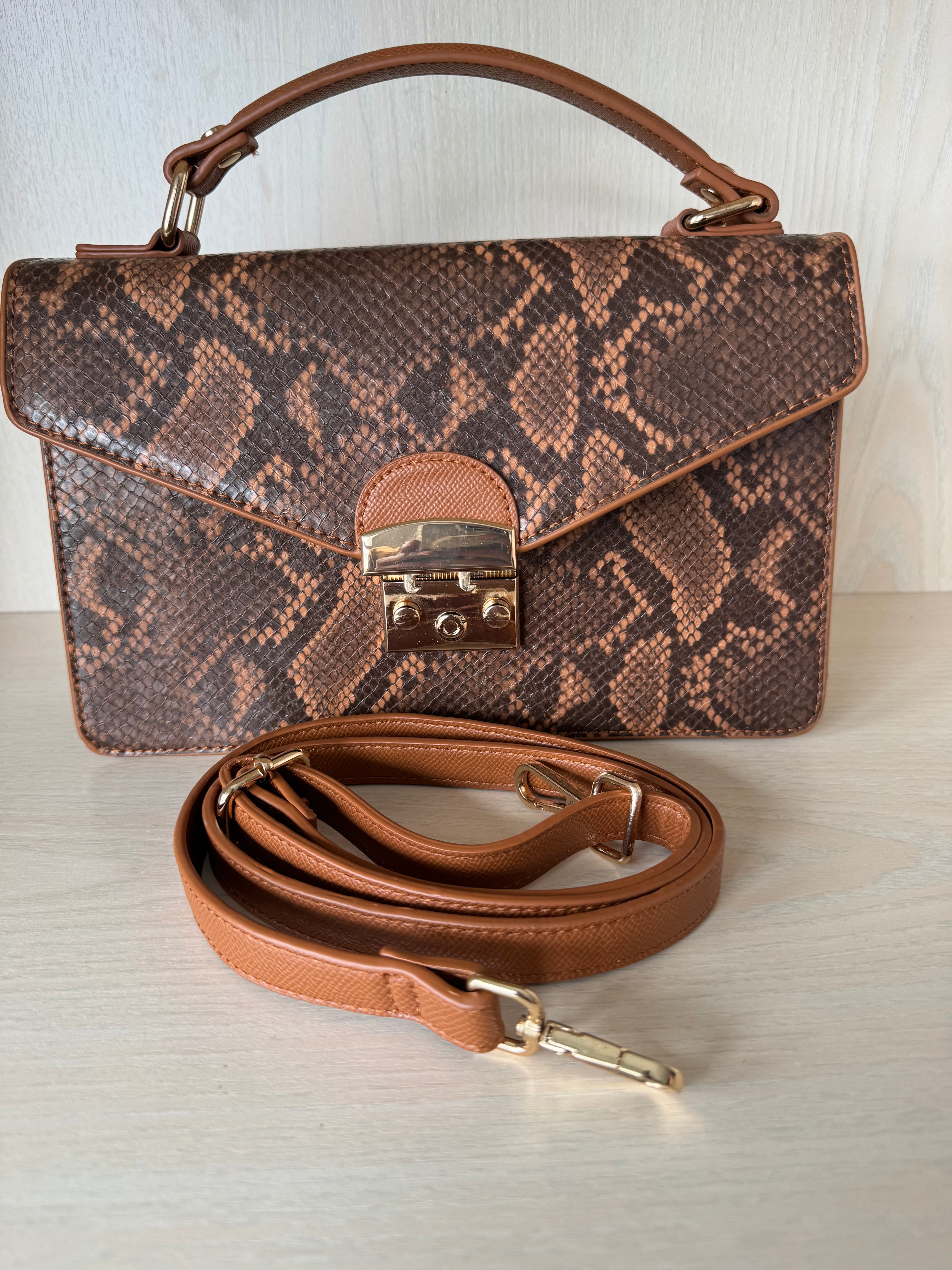 Hallhuber Medium Python Print Vegan Leather Satchel Brown Very Good Condition