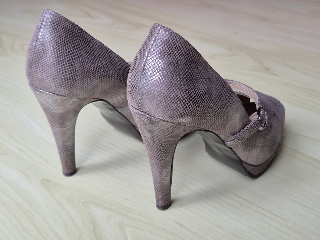 Peter Kaiser Peep-Toe High Heels, geprägtes Leder, Silber, UK 4.5, guter Zustand