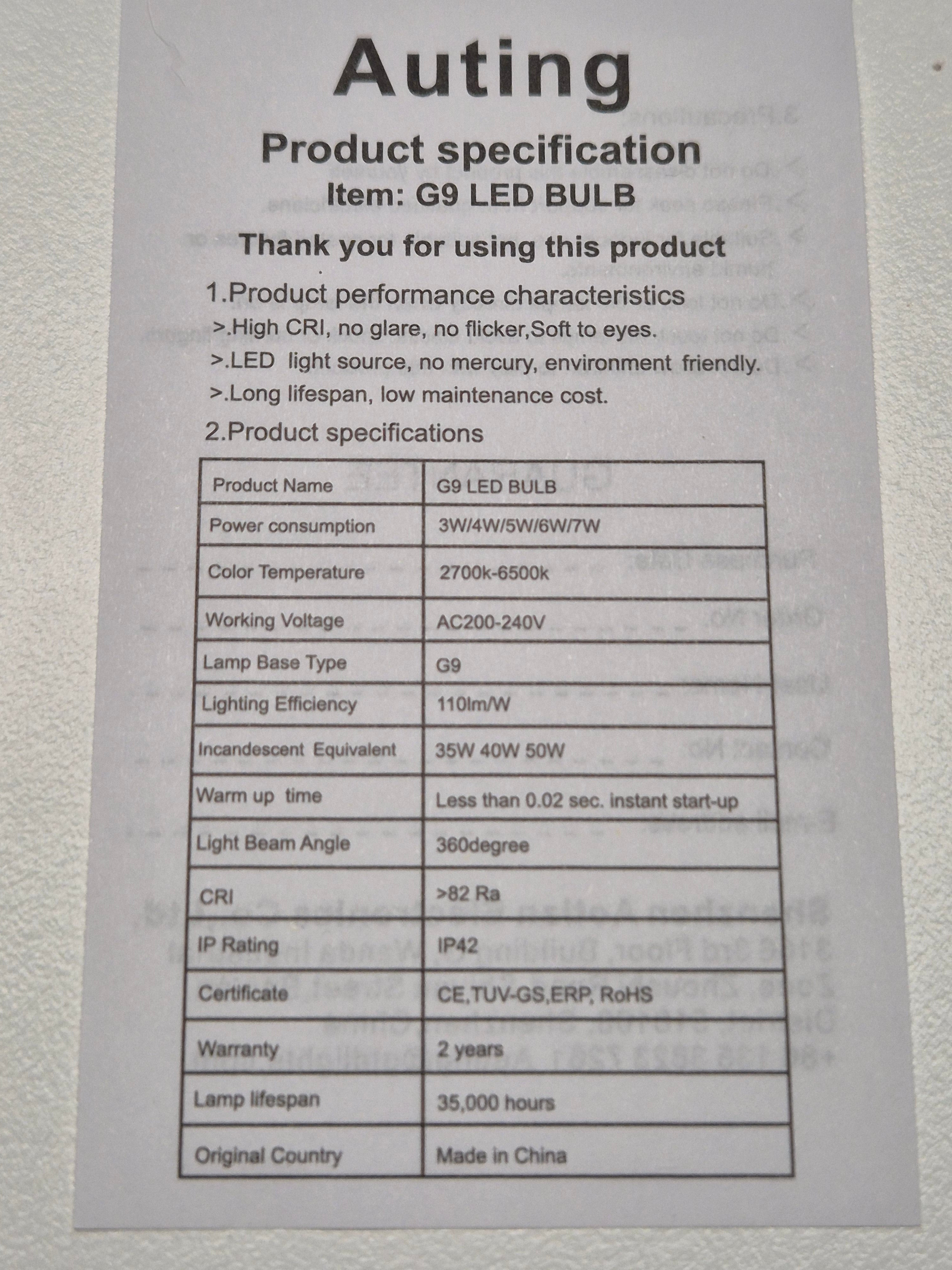6x Auting G9 LED Lampe | 4W | 3000K Warmweiß | Gut | OVP