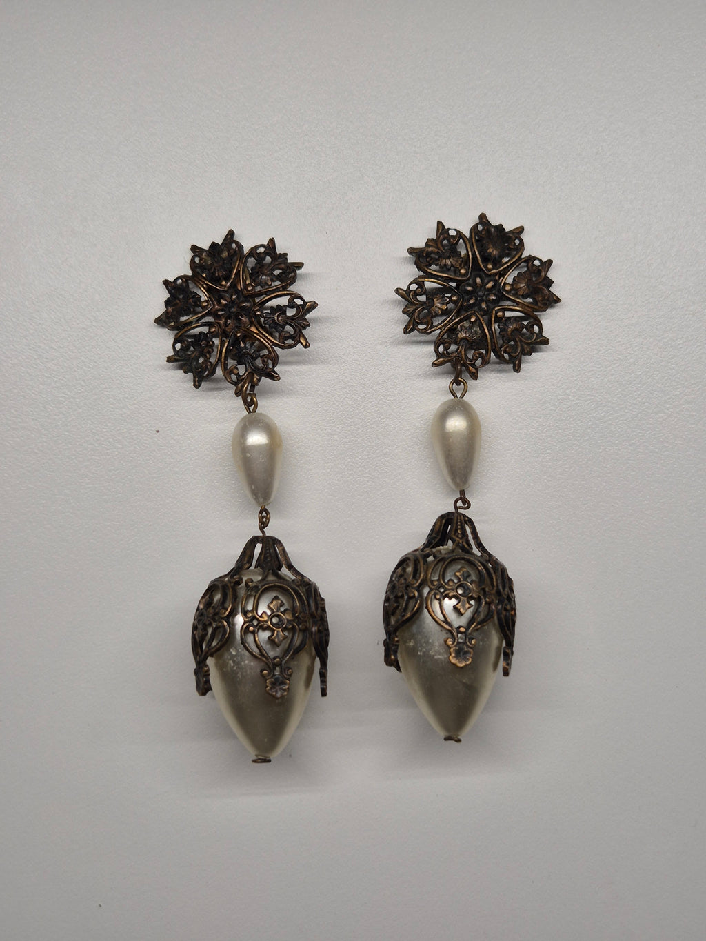 Vintage Bronze Tone Clip-On Earrings w/ Faux Pearls, 9 cm, Very Good