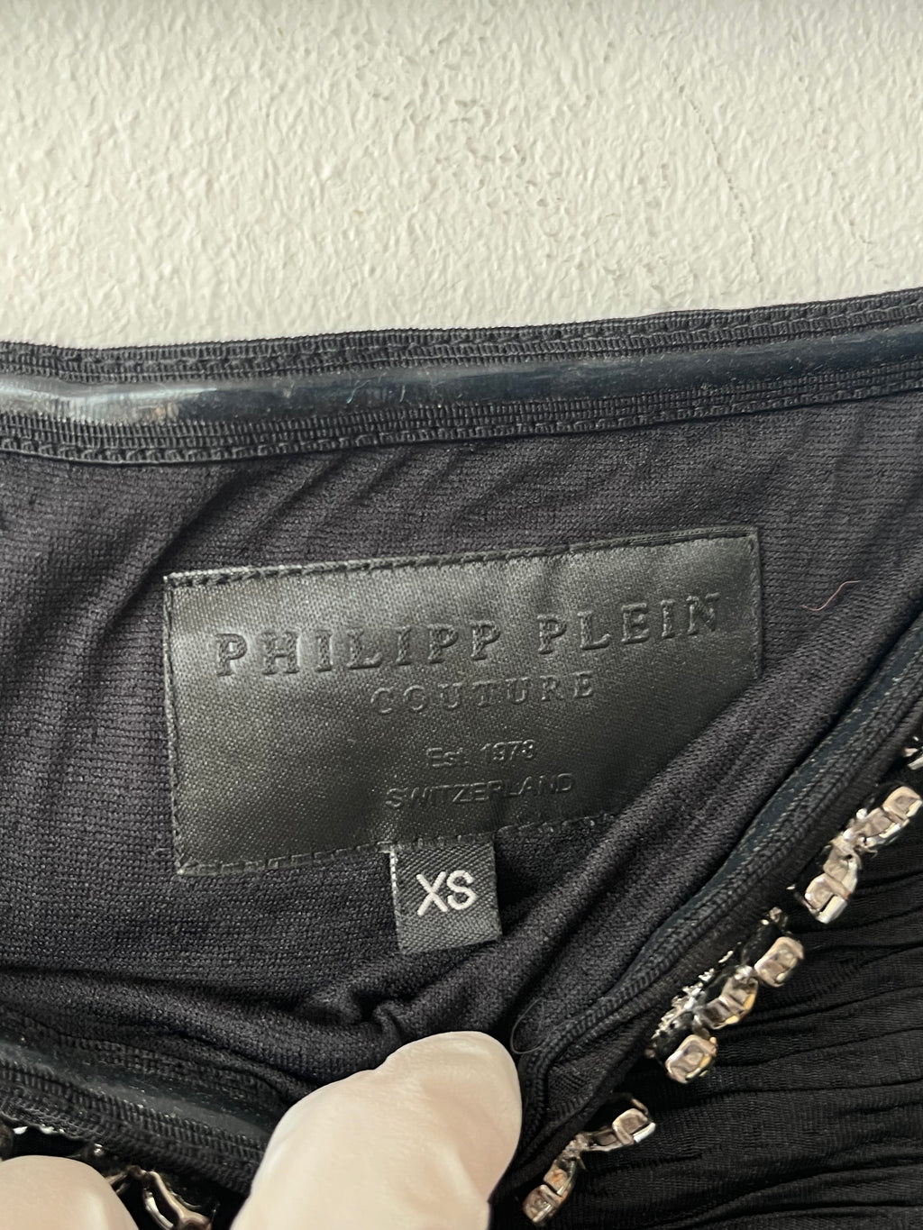 Philipp Plein Couture Kleid Schwarz XS Kristallbesatz Ruched Sehr Gut