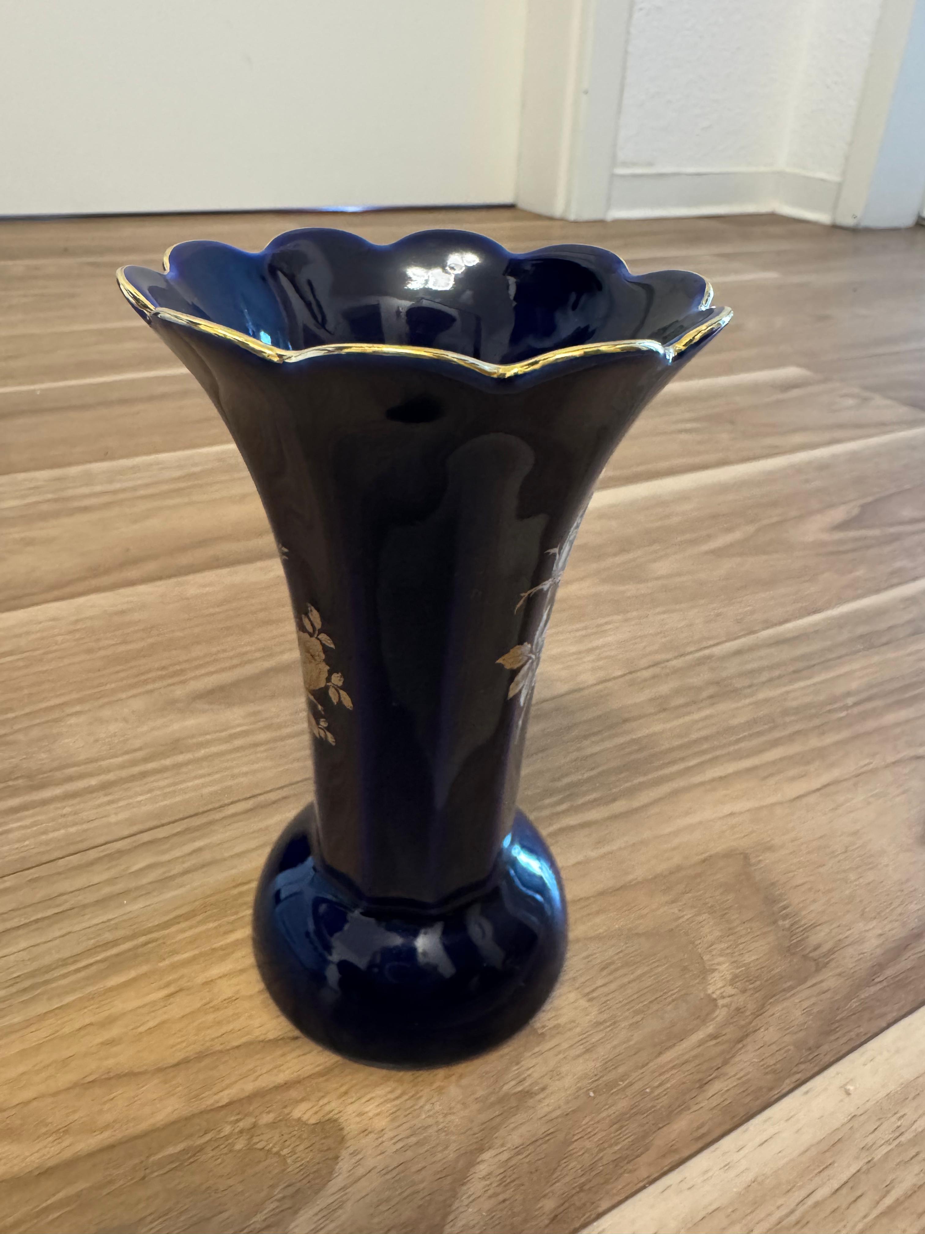 Bareuther Echt Cobalt Vase, Kobaltblau, Goldrosen, Porzellan, Vintage, Deutschland
