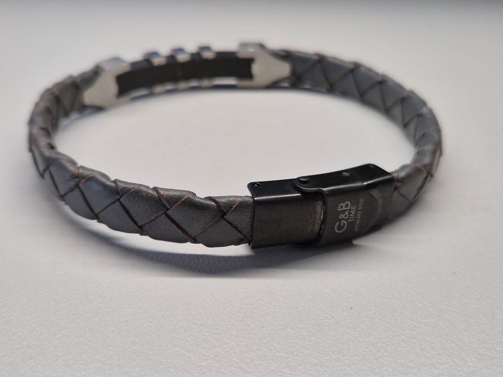 G&B Men's Leather Bracelet – Braided Gray, Stainless Steel Clasp, Good Condition