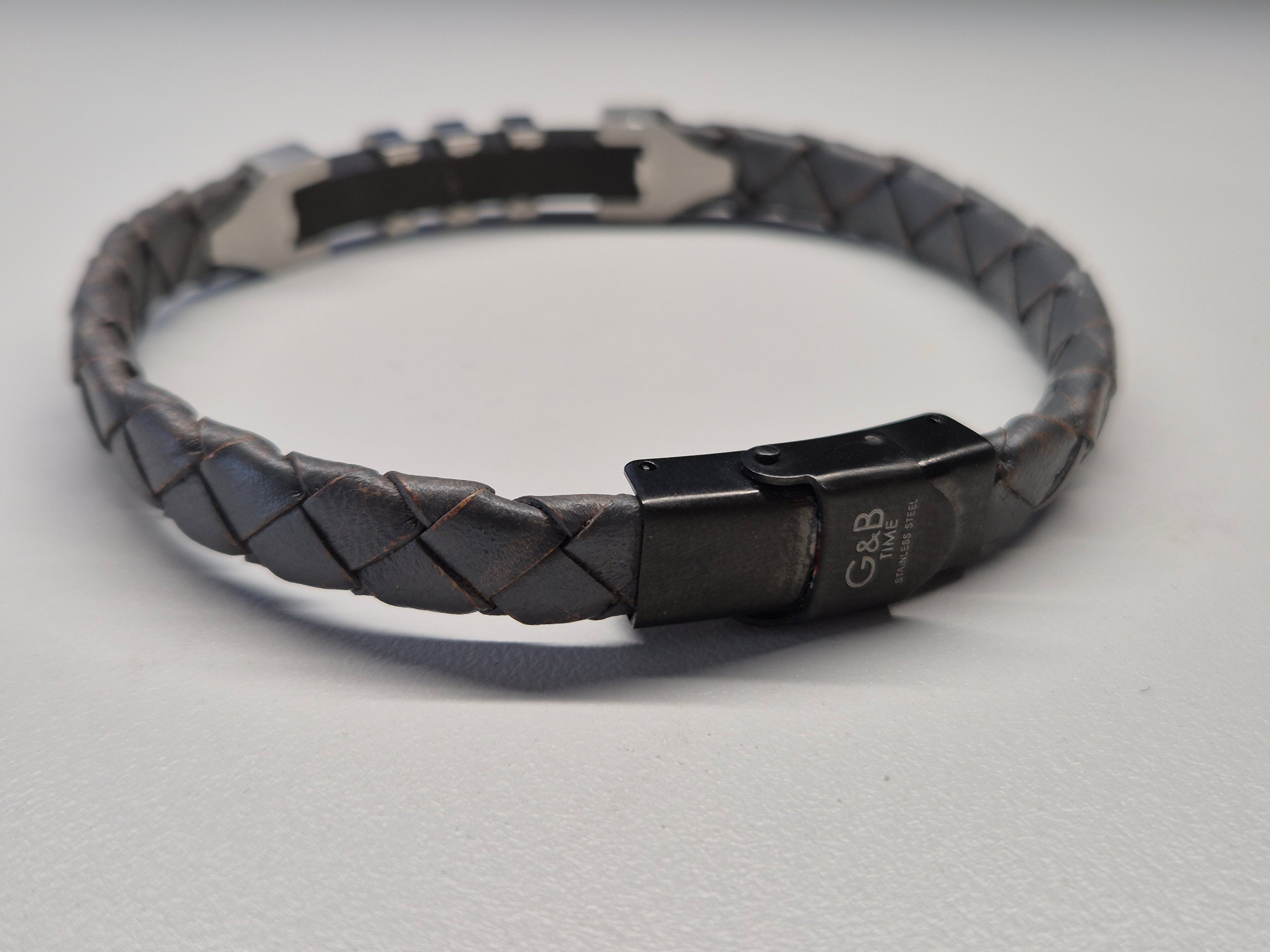 G&B Men's Leather Bracelet – Braided Gray, Stainless Steel Clasp, Good Condition
