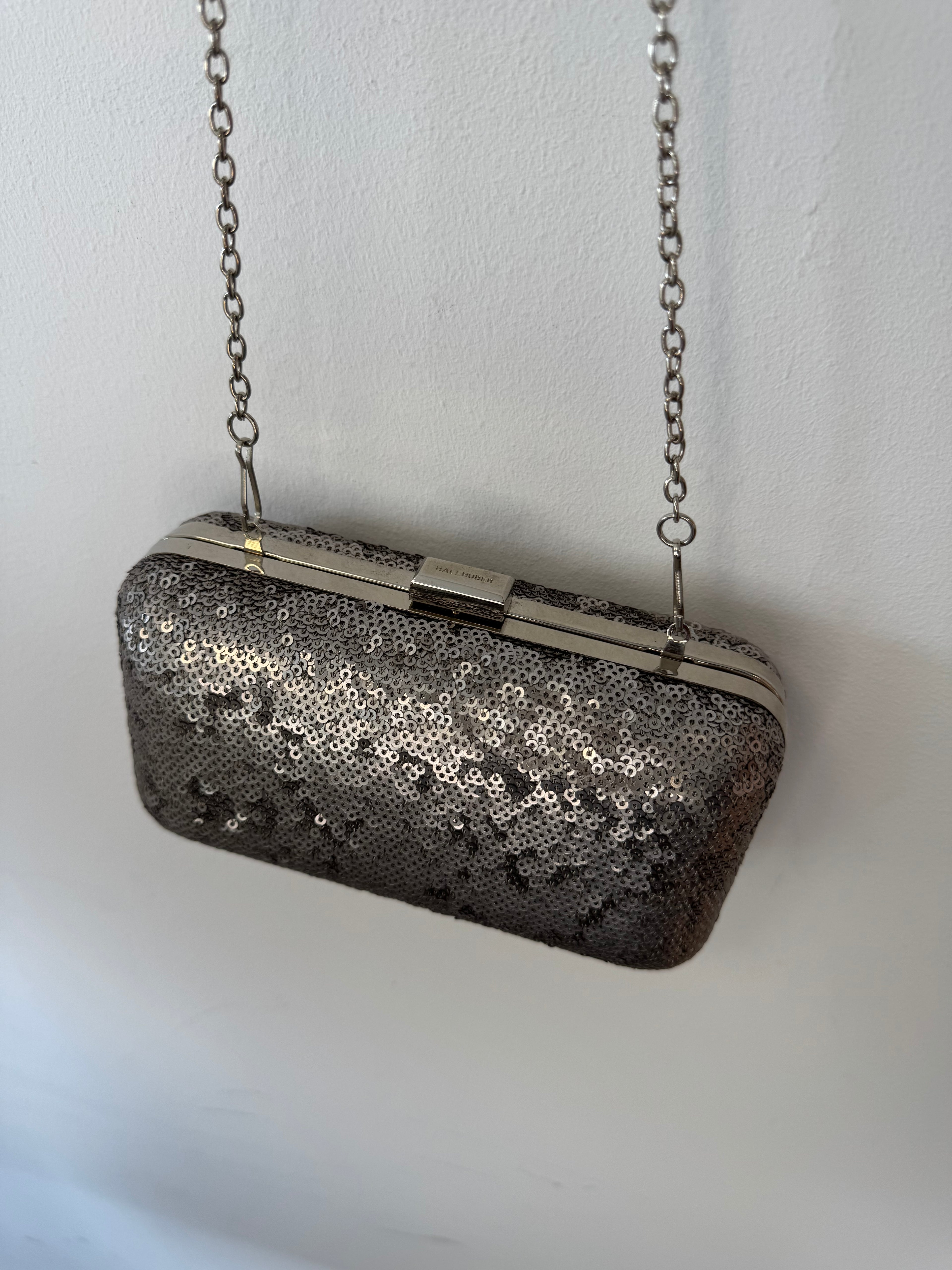 Hallhuber Sequin Box Clutch – Silver, Small, Very Good Condition