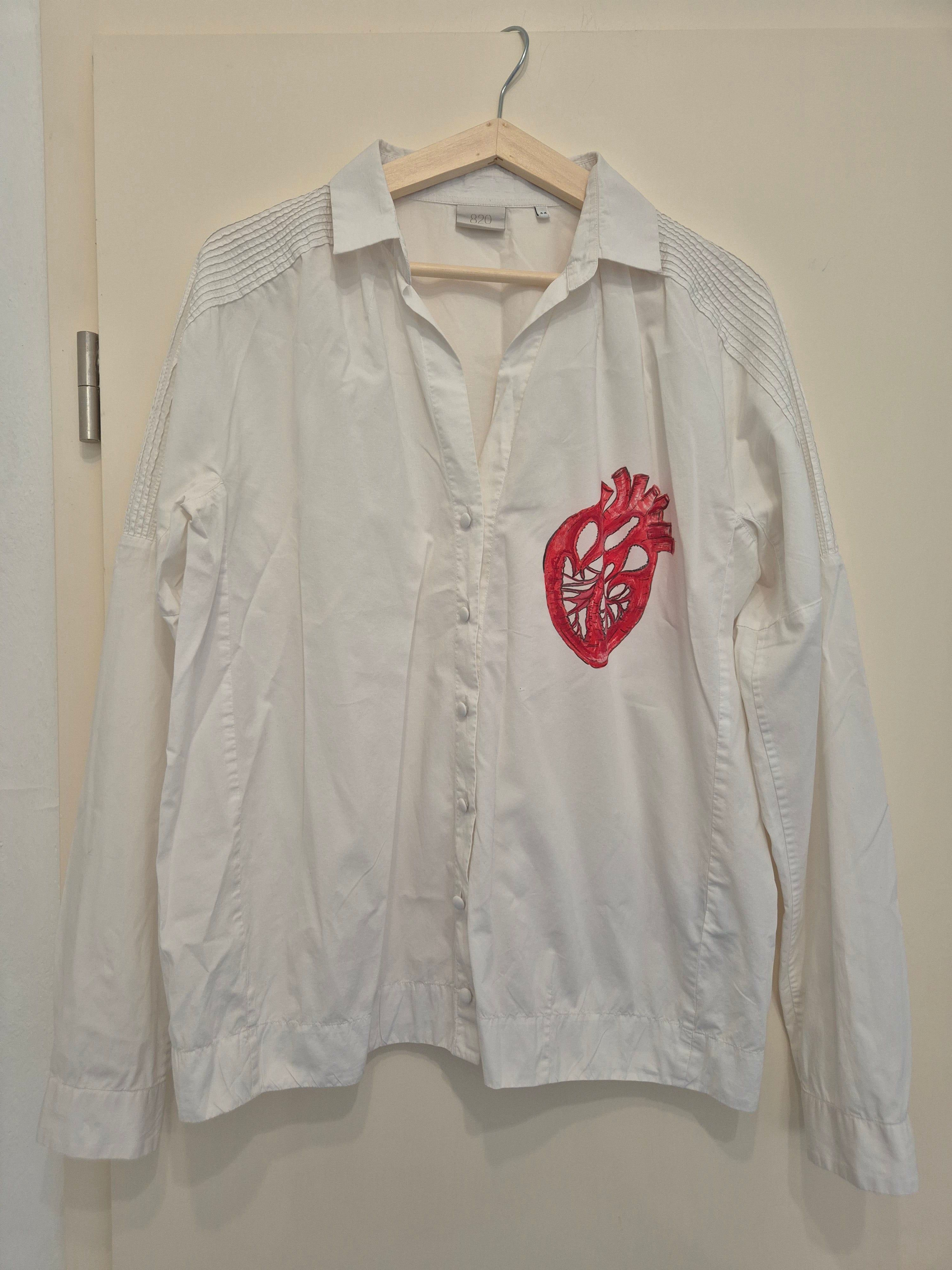 Caliban Crystal Heart Women's Blouse IT 44 White Red Embroidered Cotton Good