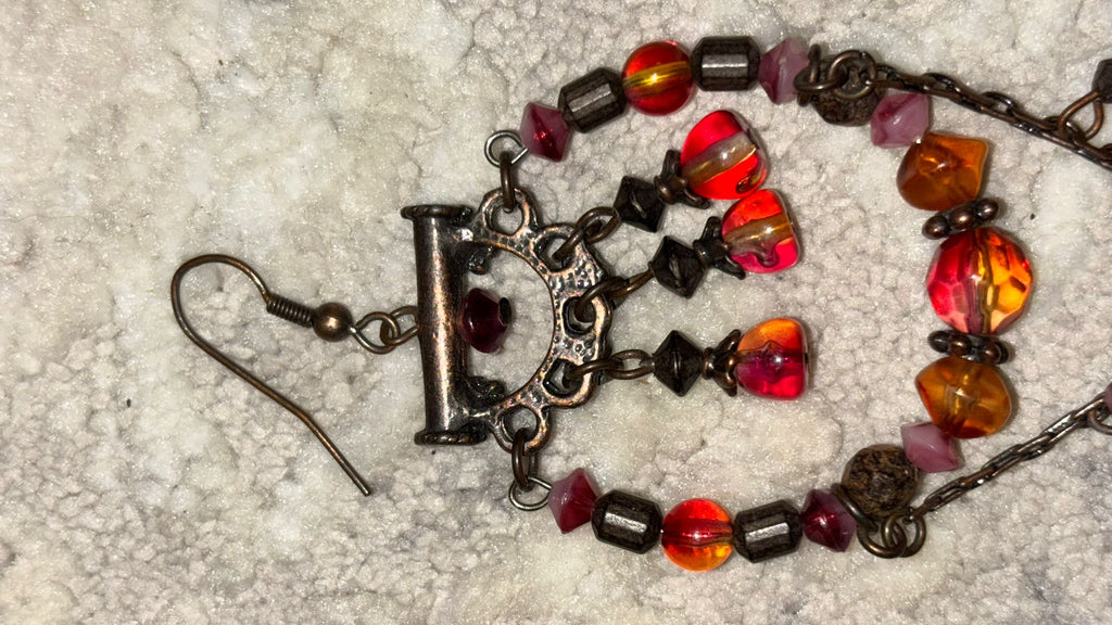 Boho Chandelier Earrings, Bronze, Ruby Red & Orange Glass Beads, 5cm, Good