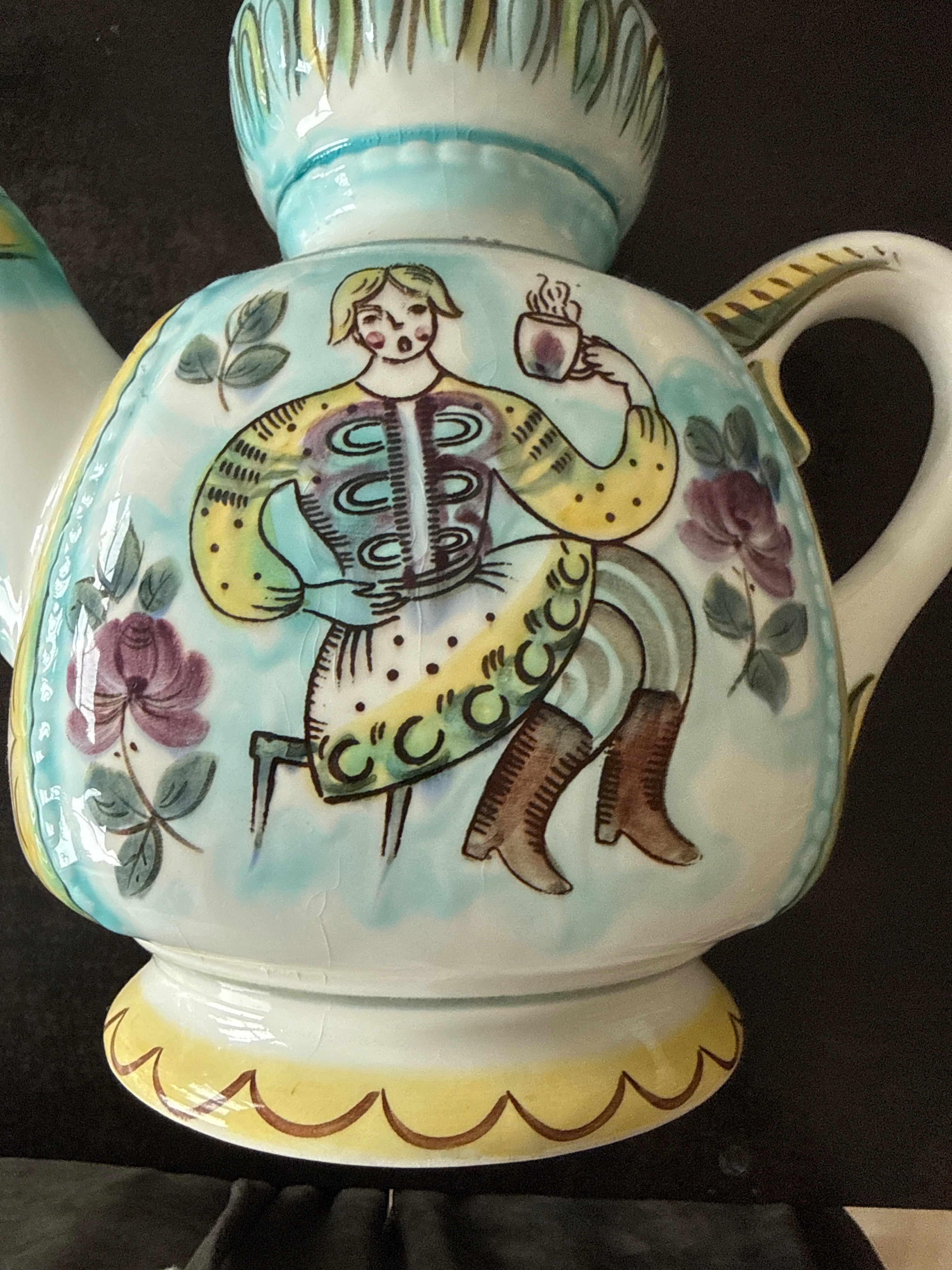Handbemalte italienische Maiolica Keramik-Teekanne, klein, sehr guter Zustand