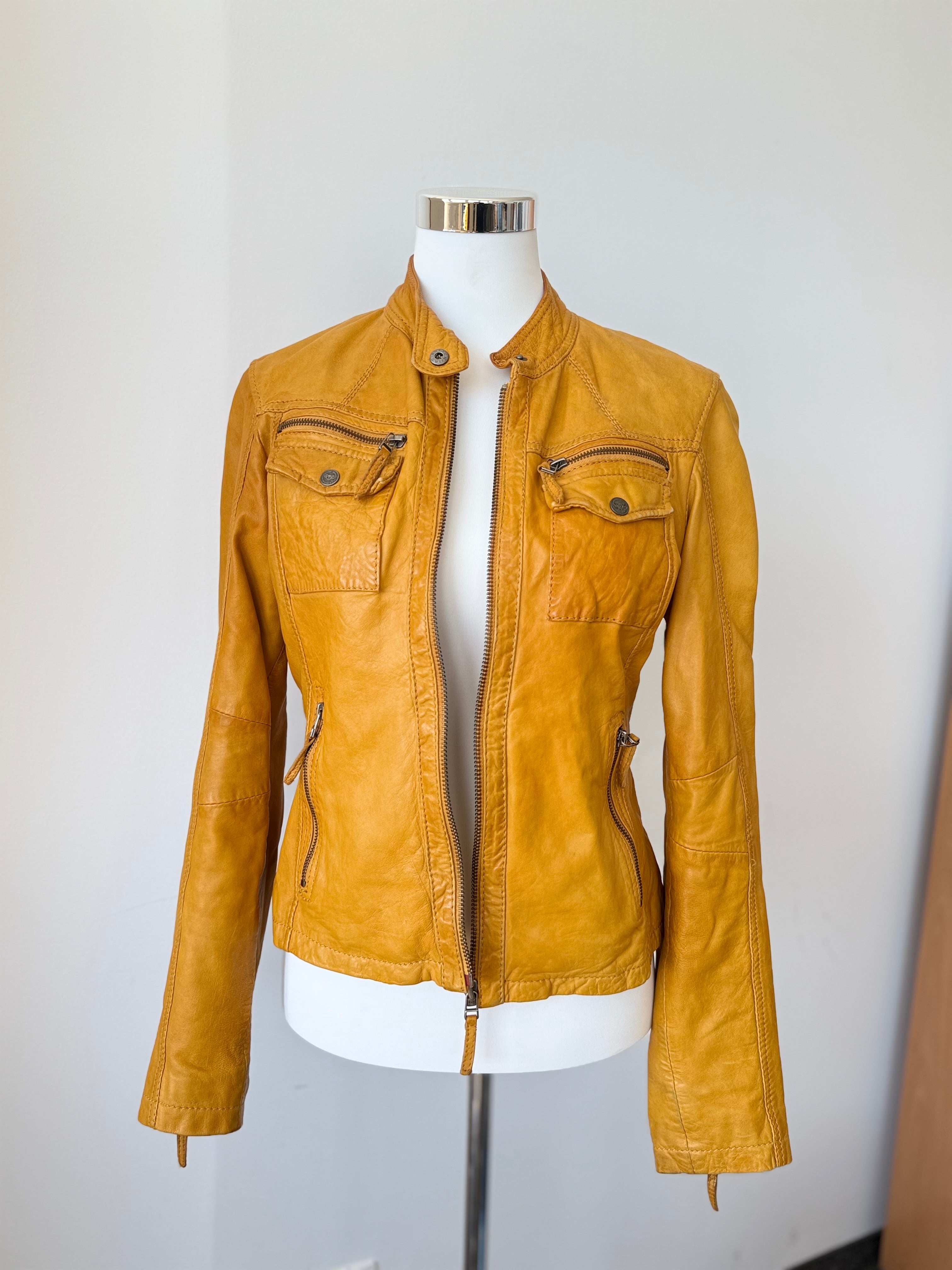 Chevirex Damen Bikerjacke – Echtleder, Gelb, Gr. 36, Guter Zustand