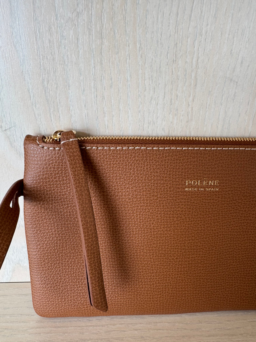 Polène Paris Zip Wallet Pouch, genarbtes Kalbsleder, cognac, guter Zustand
