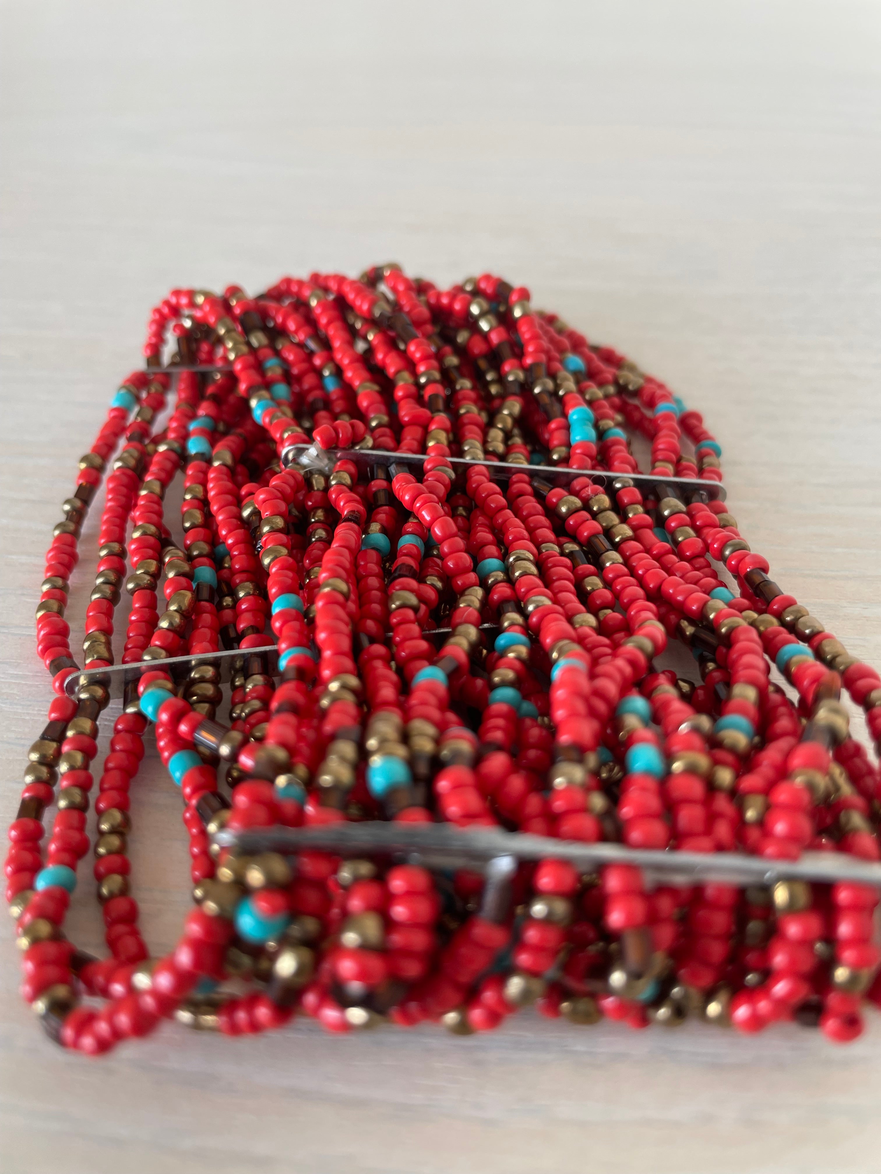 Handmade Otavalo Beaded Cuff Bracelet, Red Coral/Glass, Adjustable, Very Good