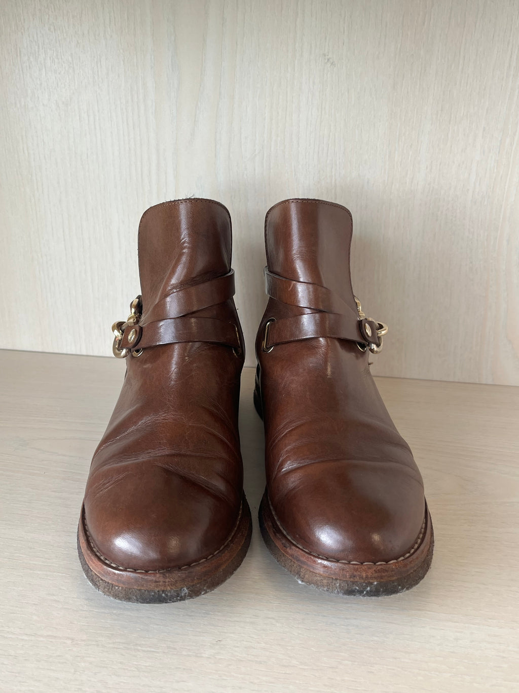 Mulberry Dorset Flat Bootie | Brown Leather | EU 38 | Gold Horsebit | Good Condition