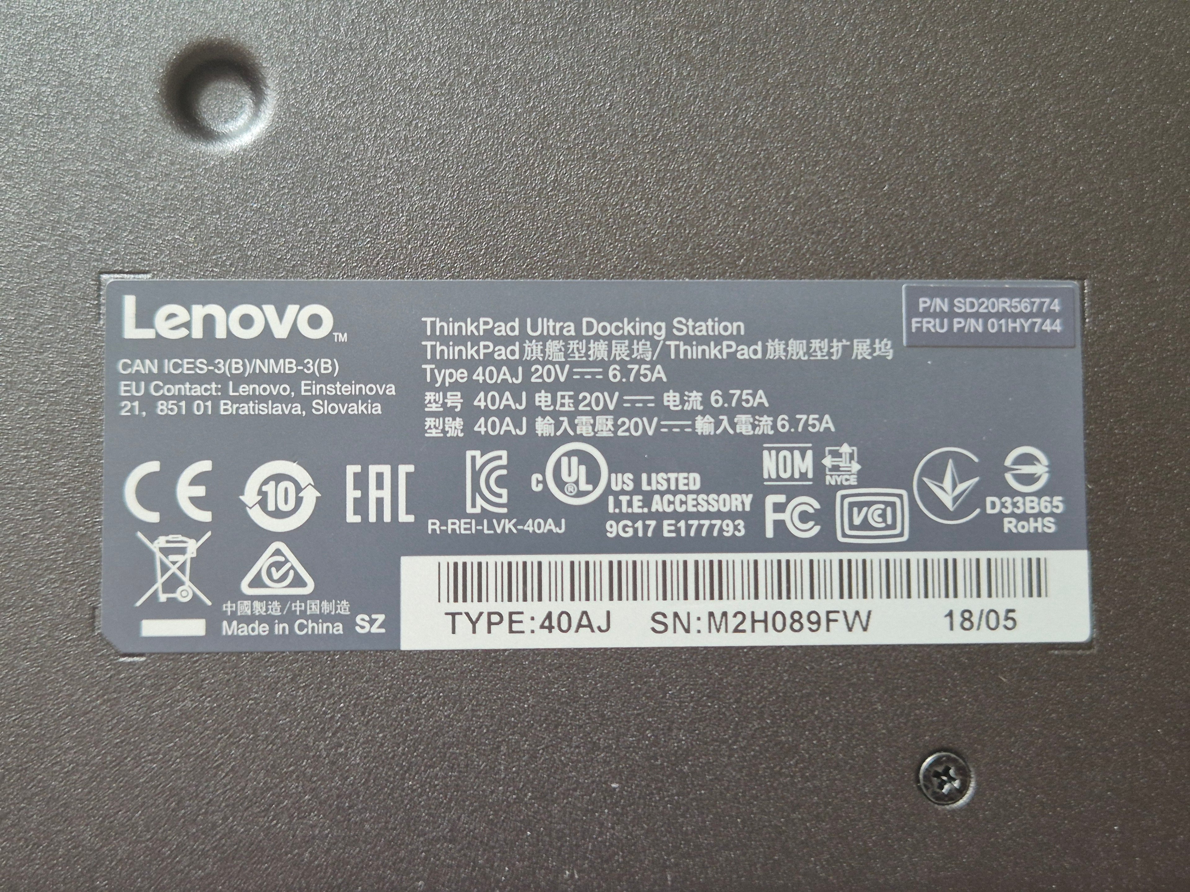 Lenovo ThinkPad Ultra Dock 40AJ + 135W Adapter, Black, Good Condition