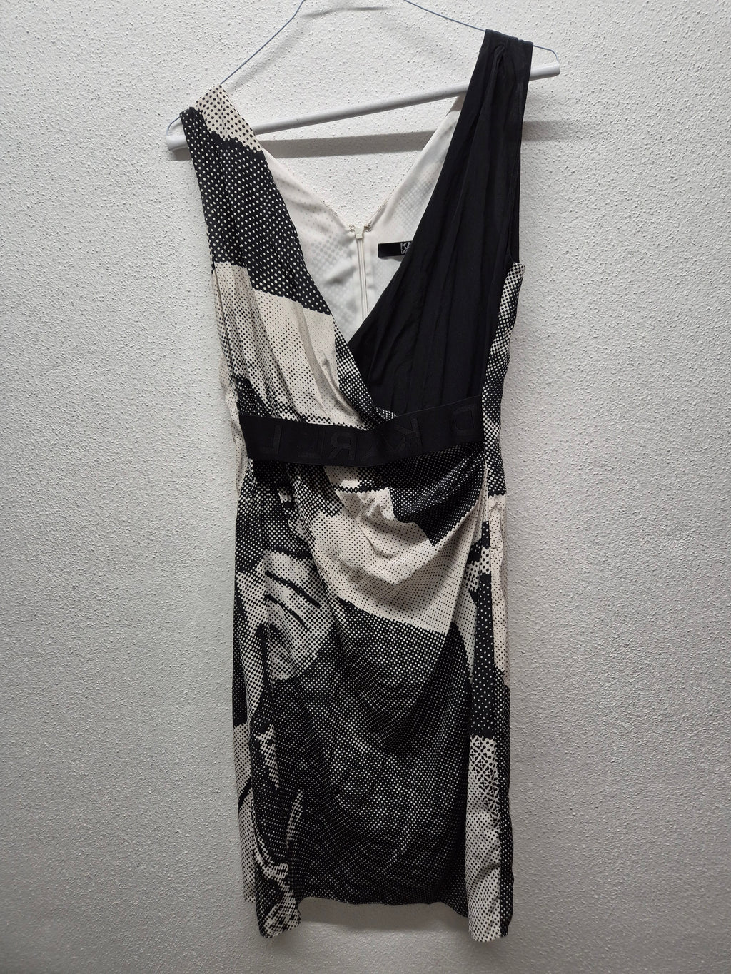 Karl Lagerfeld 100% Silk Art Print Dress, Black/White, Size M, Very Good