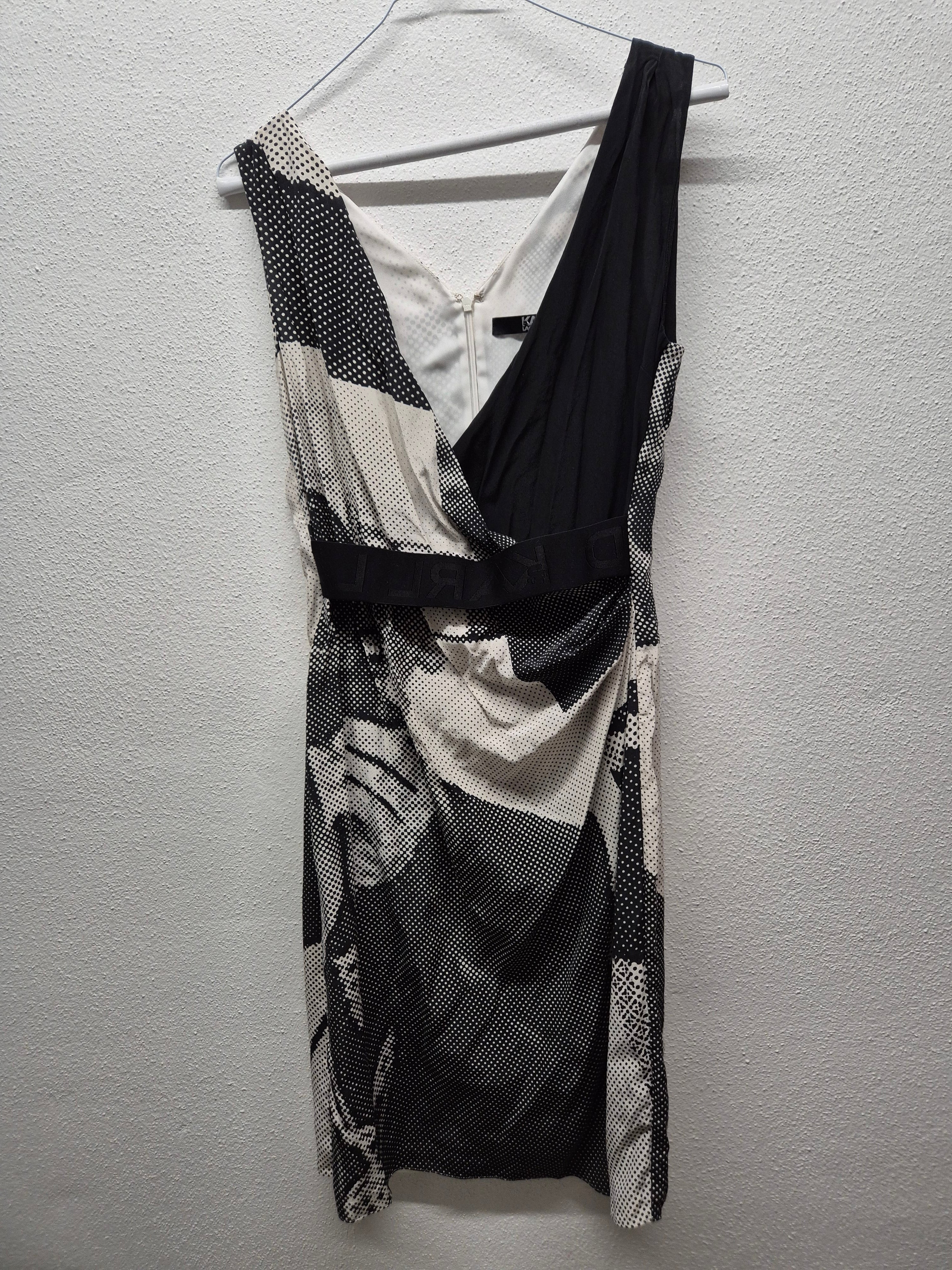 Karl Lagerfeld 100% Silk Art Print Dress, Black/White, Size M, Very Good