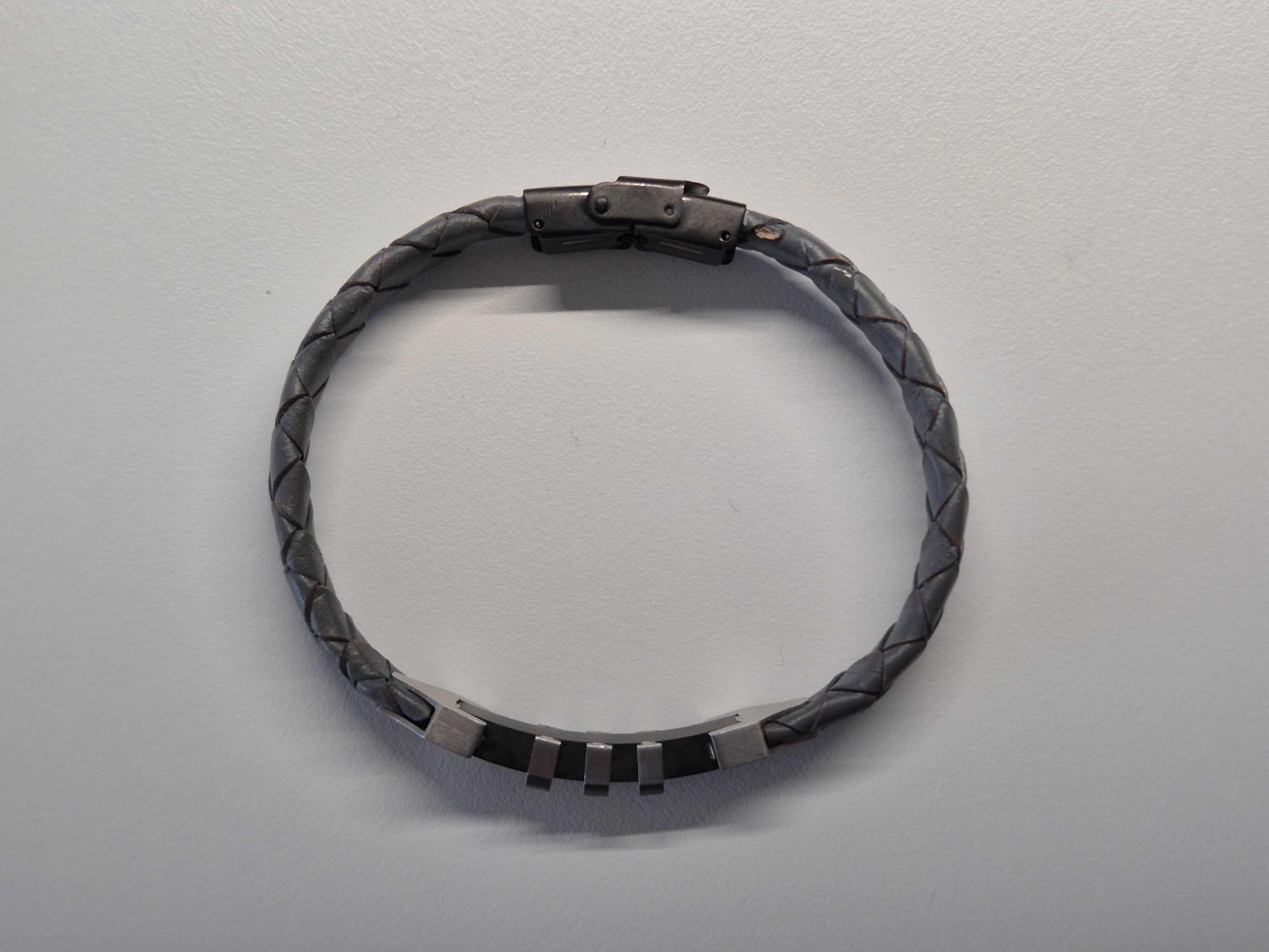 G&B Men's Leather Bracelet – Braided Gray, Stainless Steel Clasp, Good Condition