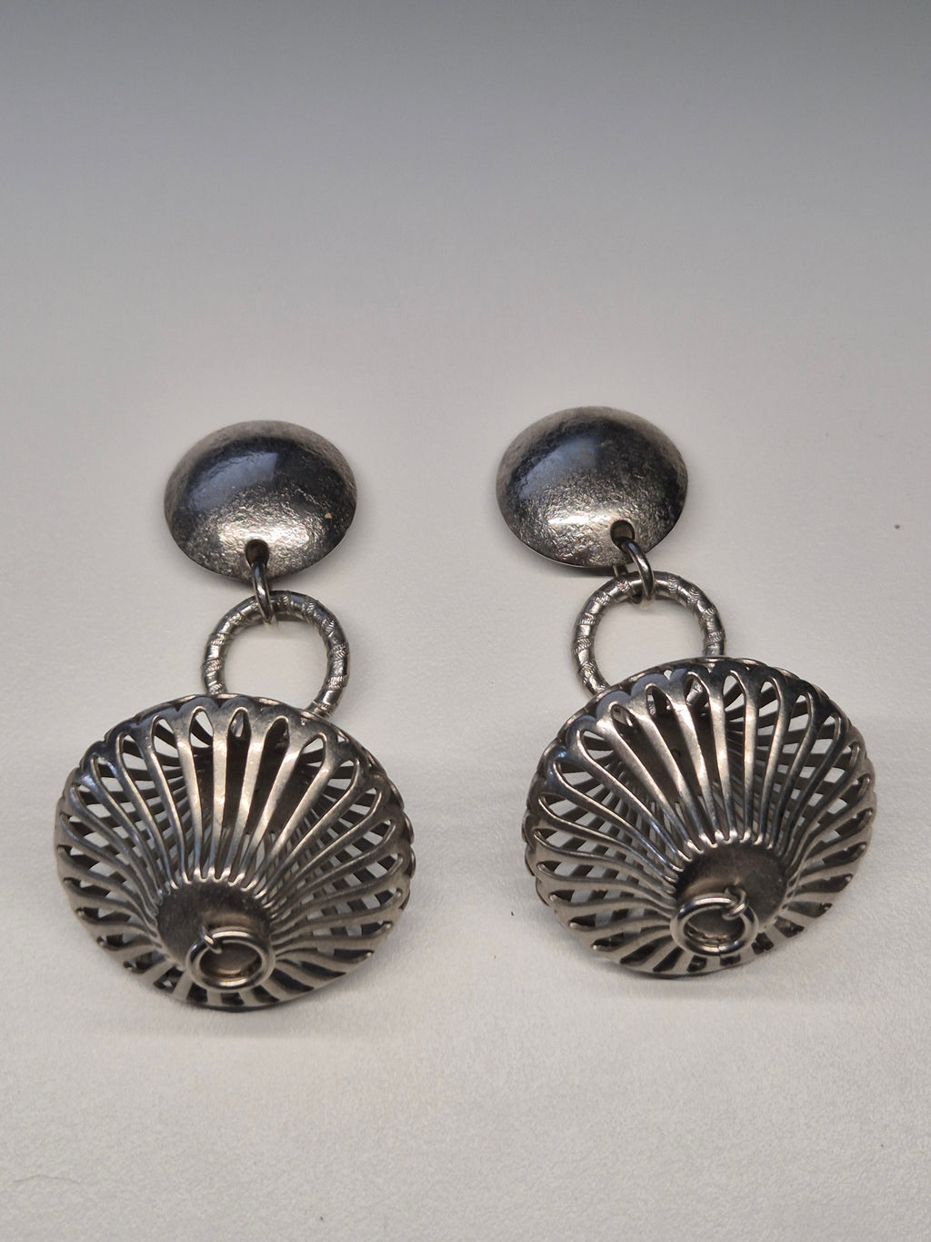 Vintage Clip-On Earrings – Silver Tone, Dome Dangle, 8cm, Very Good