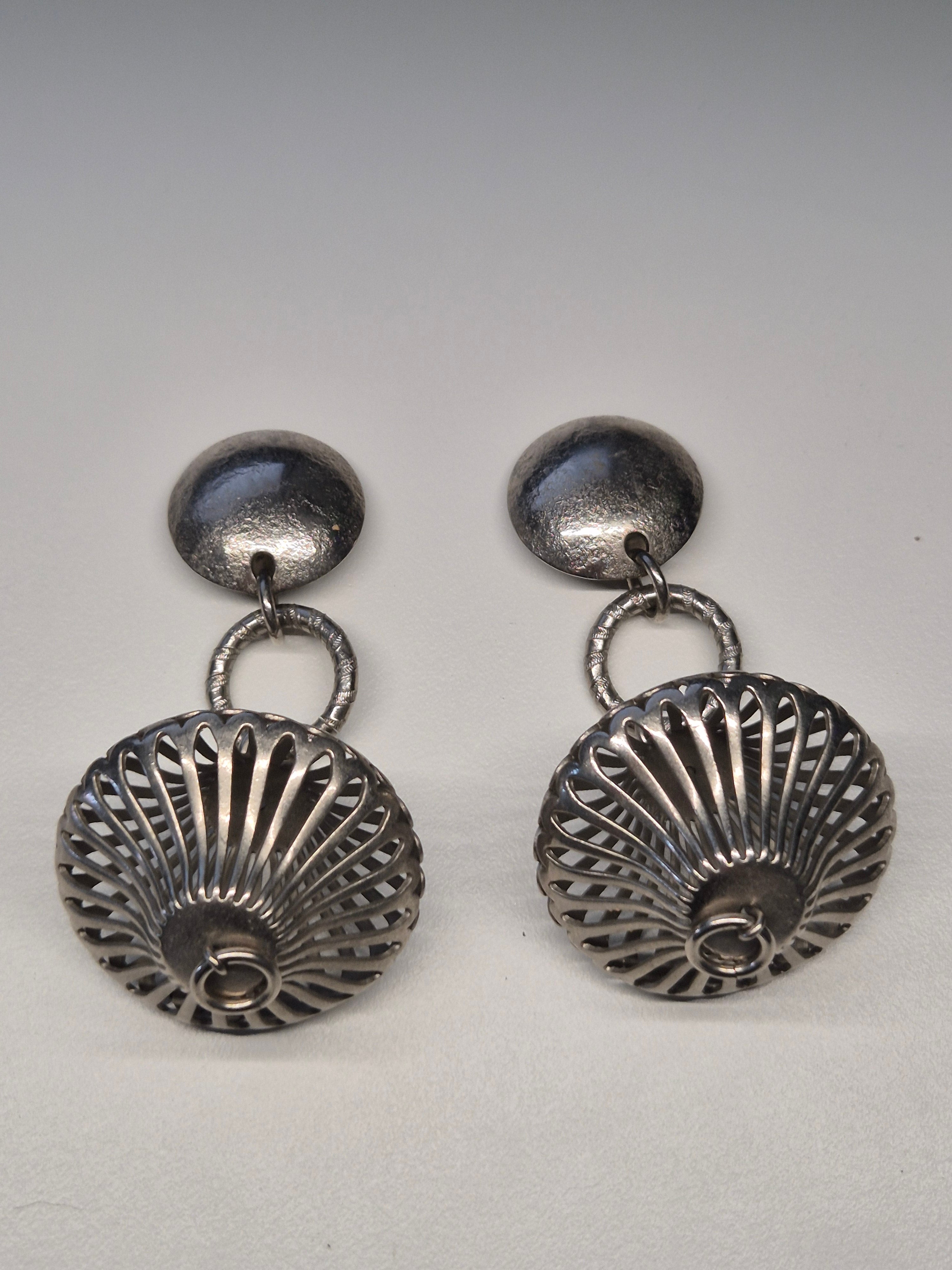 Vintage Clip-On Earrings – Silver Tone, Dome Dangle, 8cm, Very Good