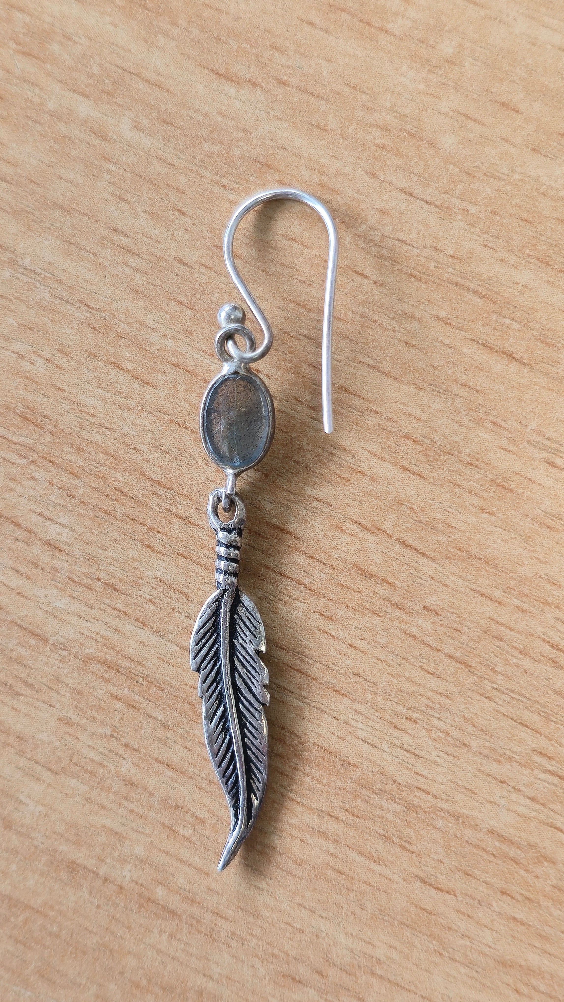 Hand-crafted Labradorite Moon & Feather Earrings, Silver/Gold, Medium, Very Good