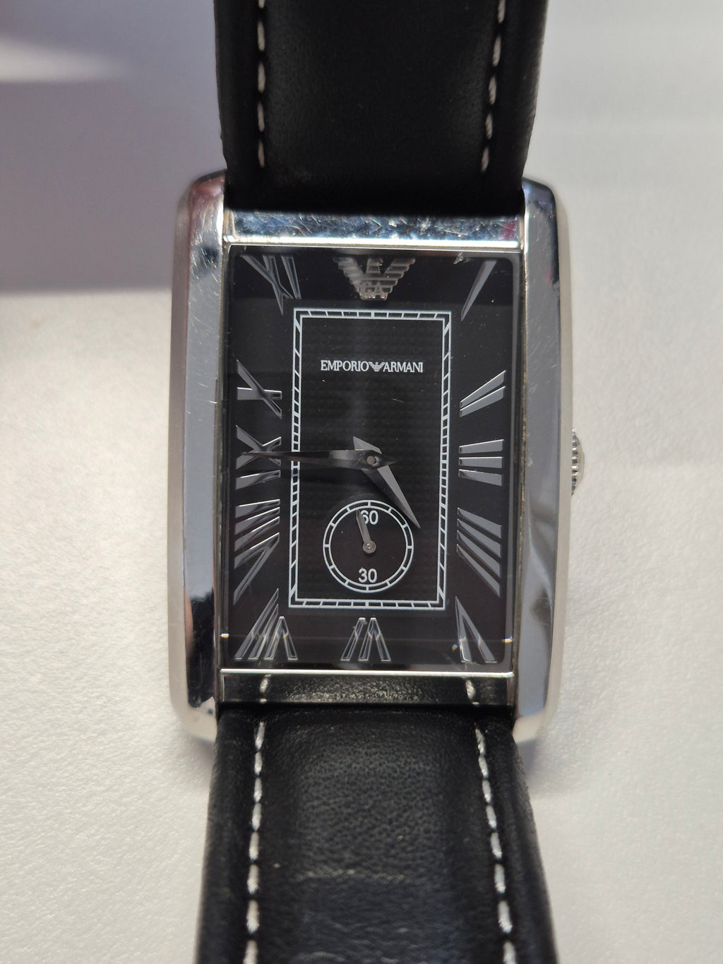 Emporio Armani AR0143 Men’s Rectangular Stainless Steel Watch Black Leather Strap