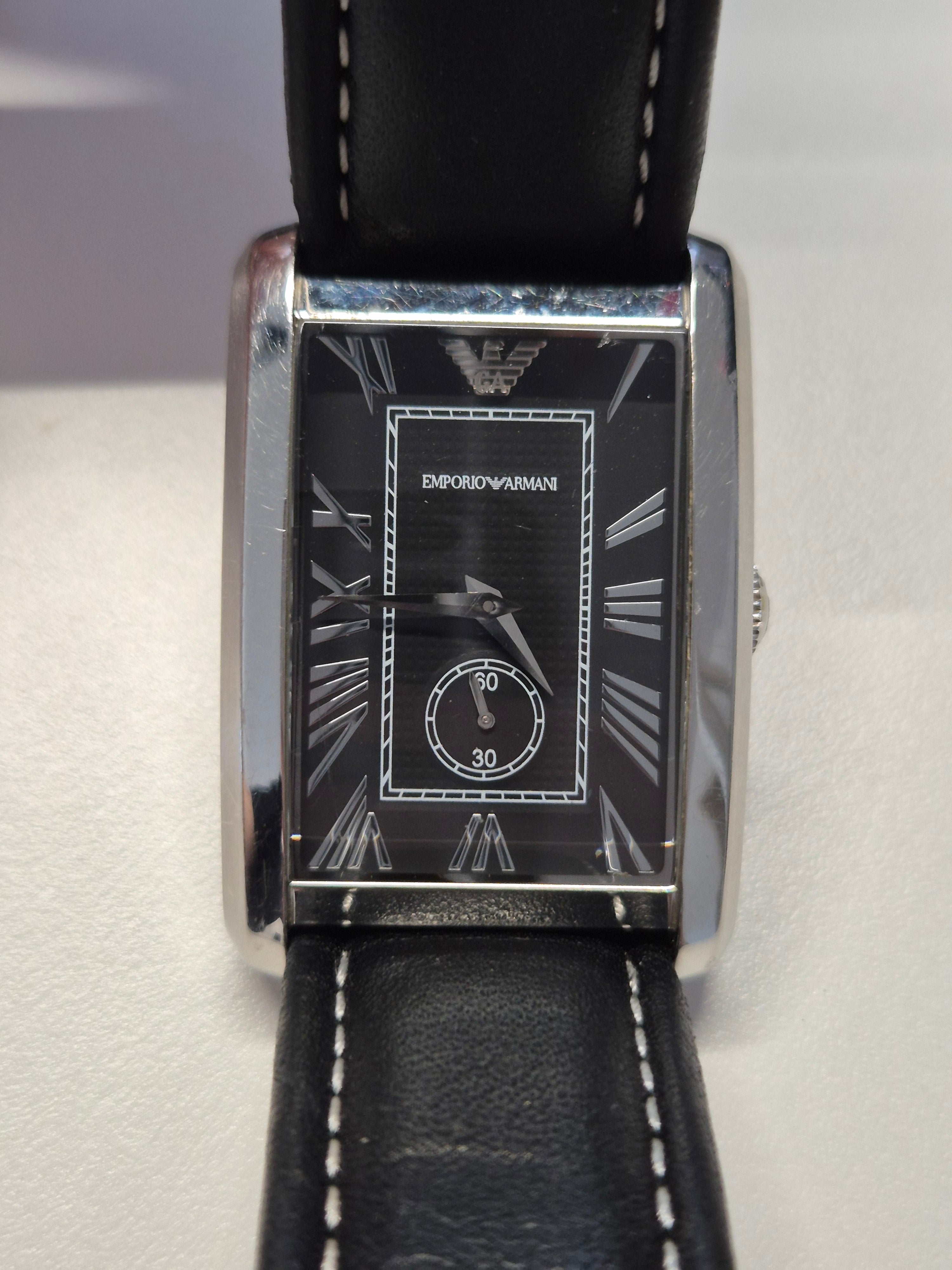 Emporio Armani AR0143 Men’s Rectangular Stainless Steel Watch Black Leather Strap