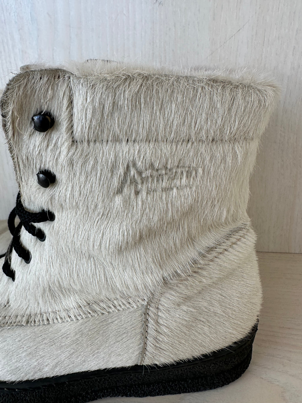 Ammann Cow Print Schnürstiefel EU 39 Creme/Schwarz Leder Ziegenhaar Sehr Gut