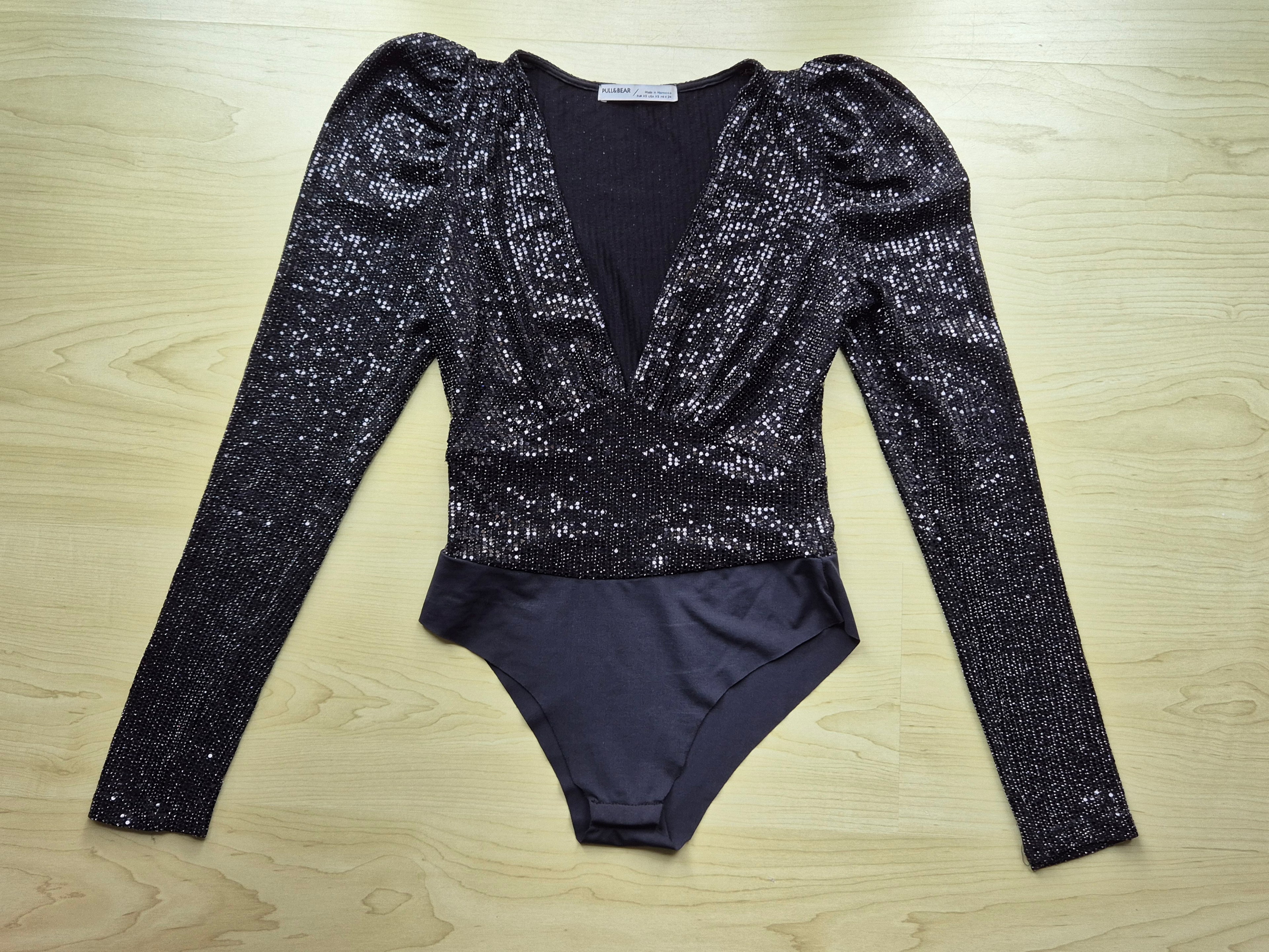 Pull&Bear Sequin Long Sleeve Bodysuit | XS | Black | Very Good
