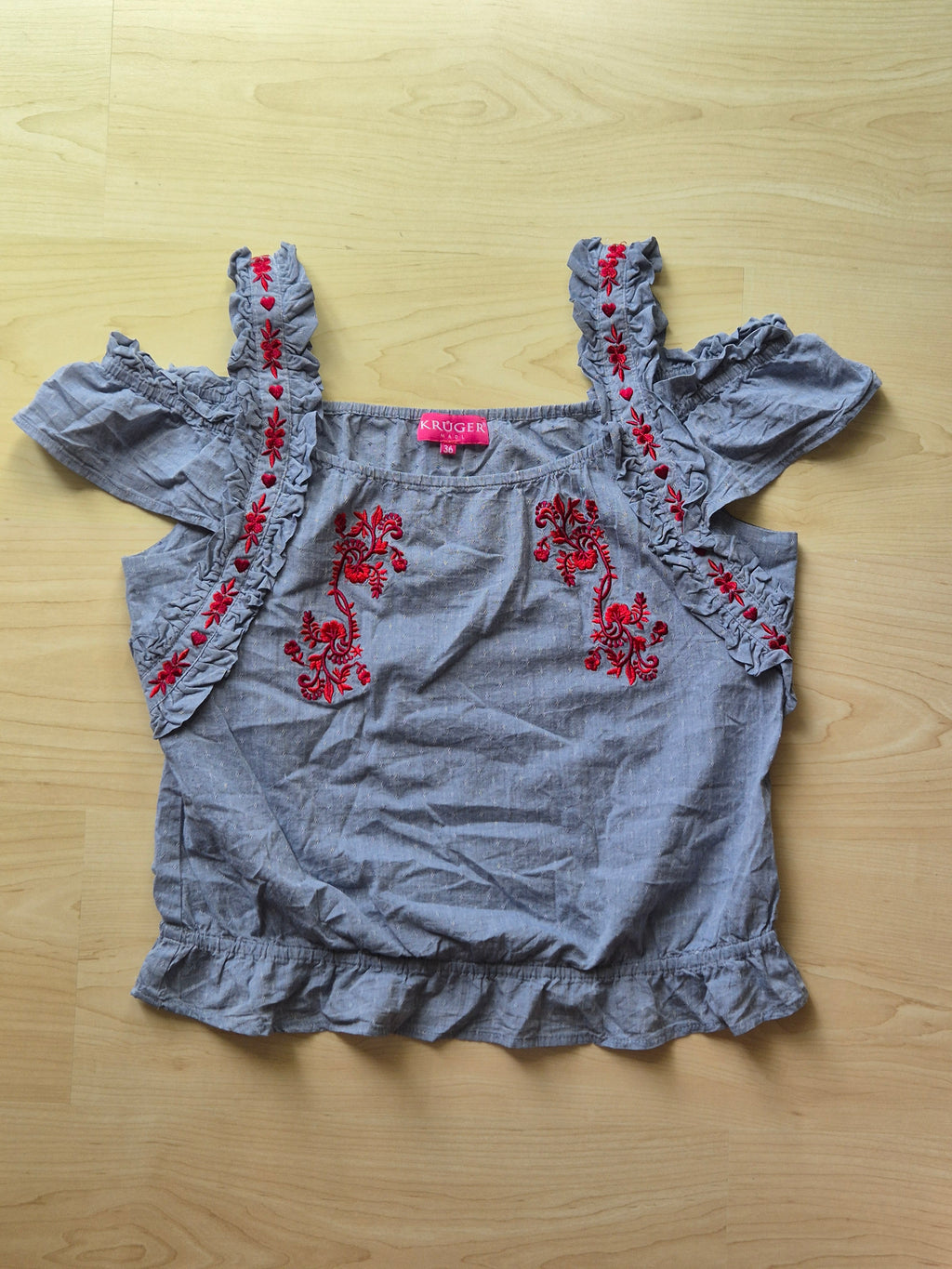 Krüger Madl Embroidered Blouse Blue/Red, EU 36, Good Condition