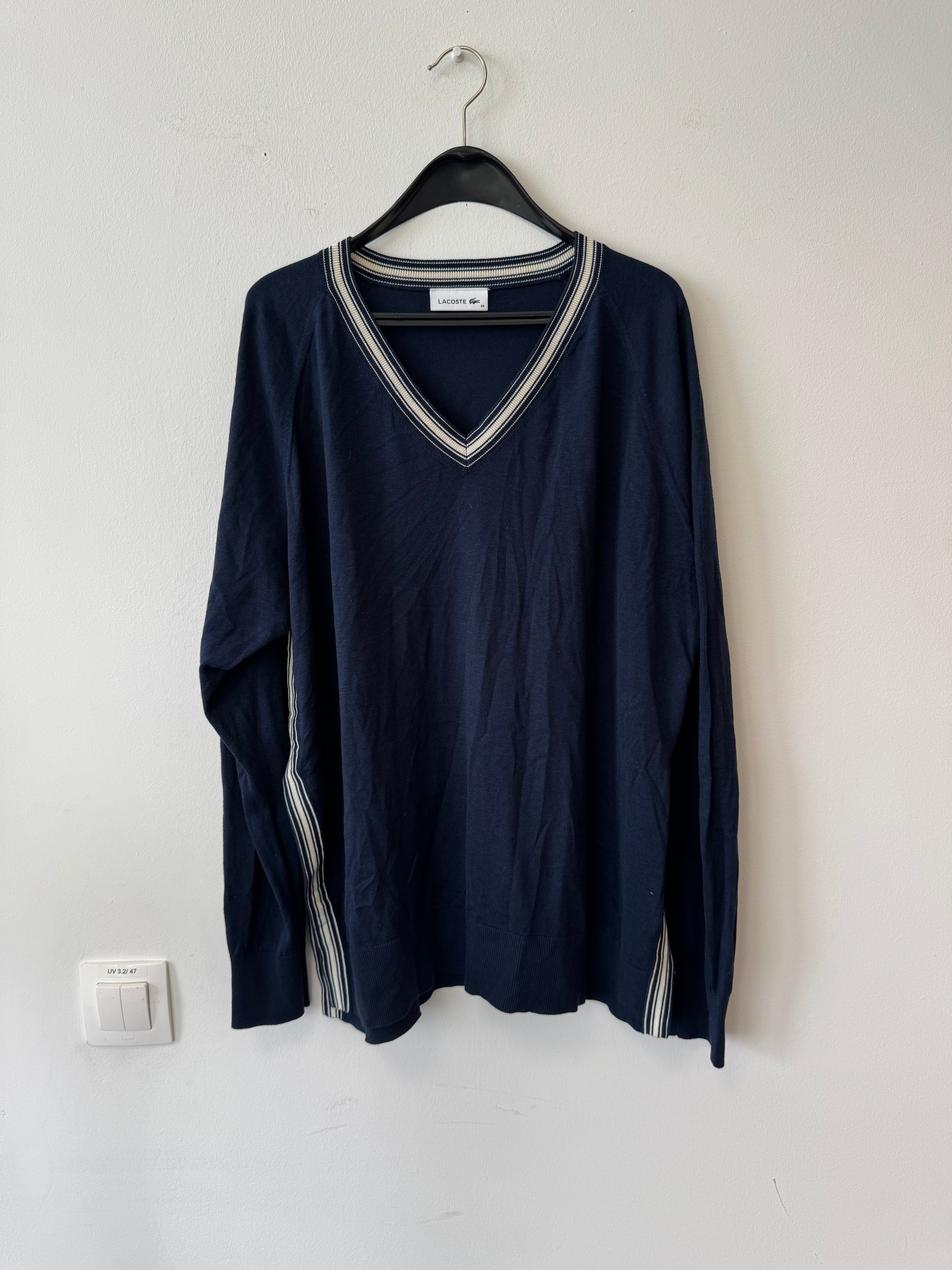 Lacoste Navy V-Neck Sweater, Size 44 (L), Stripe Trim, Good Condition