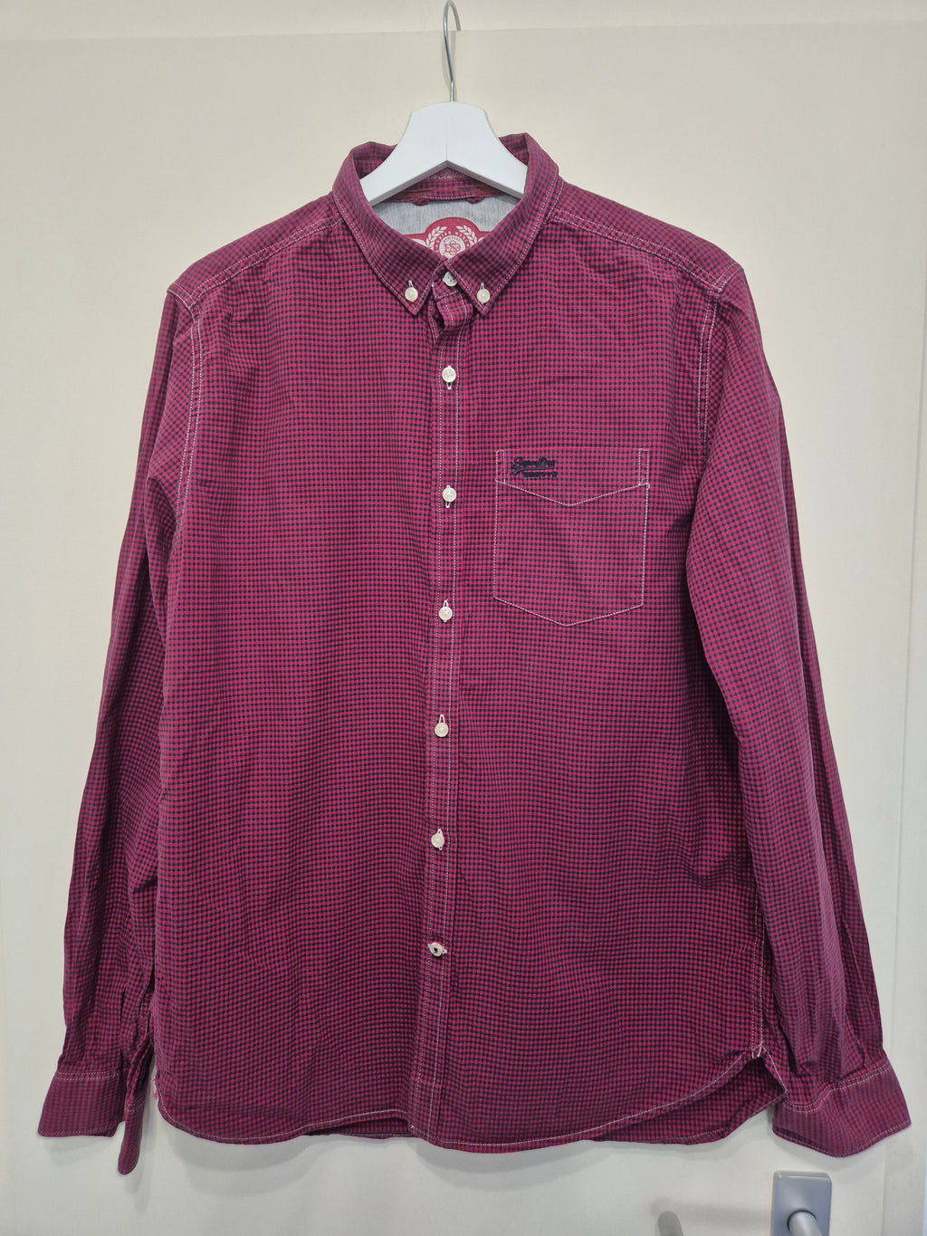 Superdry London Button Down Shirt L Red/Black Check Cotton Very Good