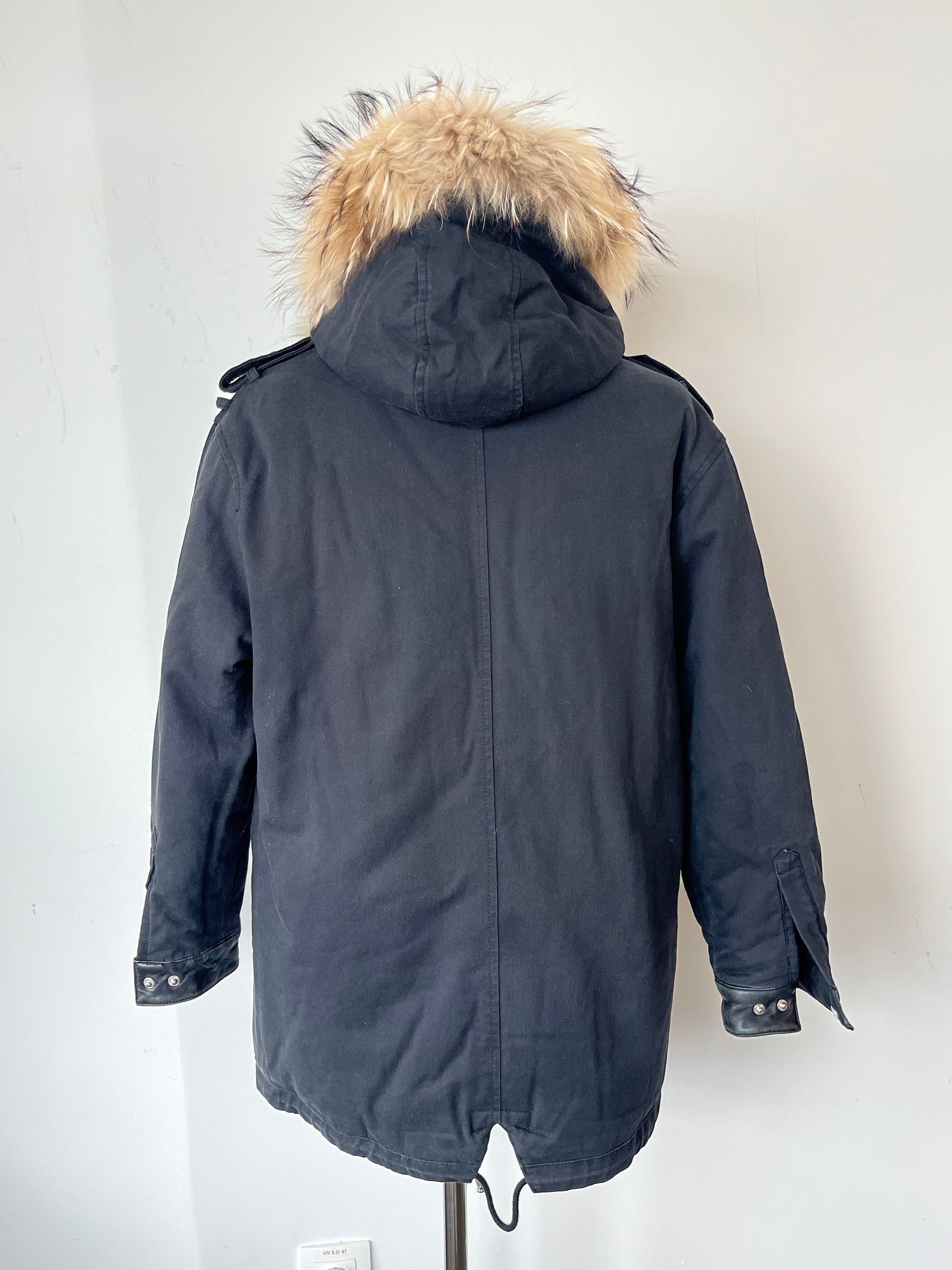 The Kooples Hooded Parka Black XS Cotton Blend Fur Trim Good Condition